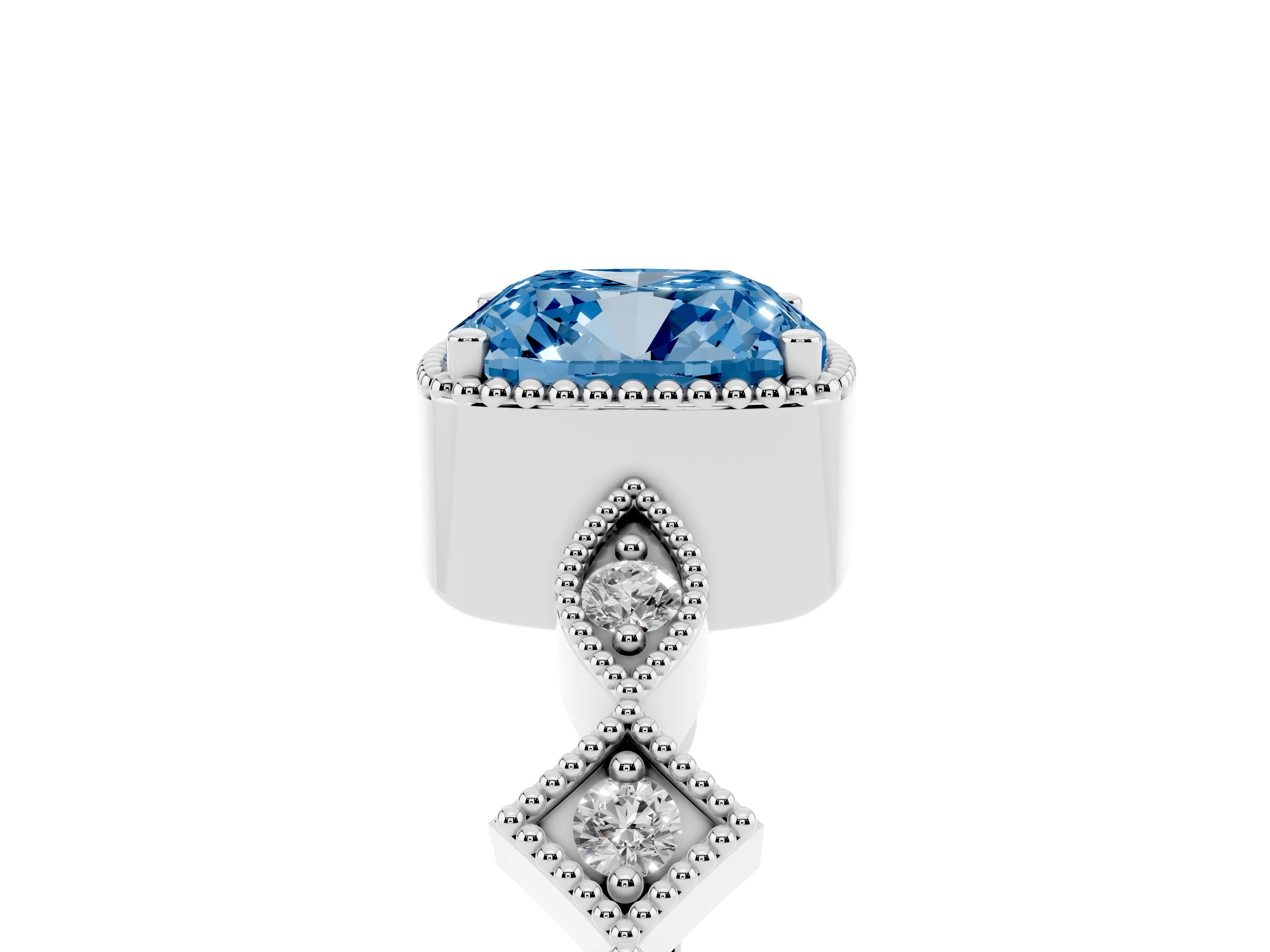 Fancy Blue Cushion Cut Diamond Milgrain Marquise Twist Band Ring Set in Platinum with Prong Setting