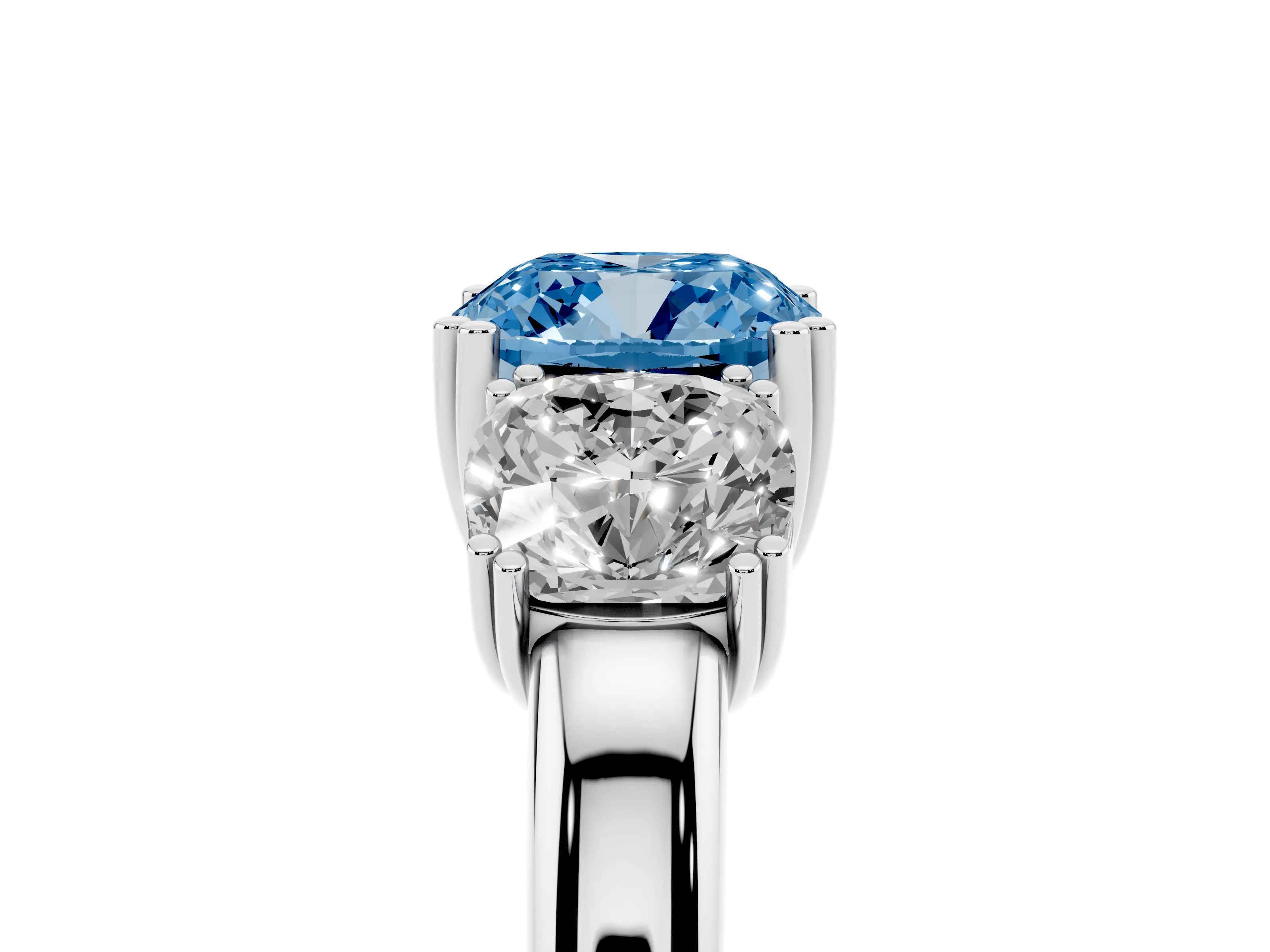 Fancy Blue Cushion Cut Diamond Three-Stone Ring Set in White gold with Polished Band and Prong Setting