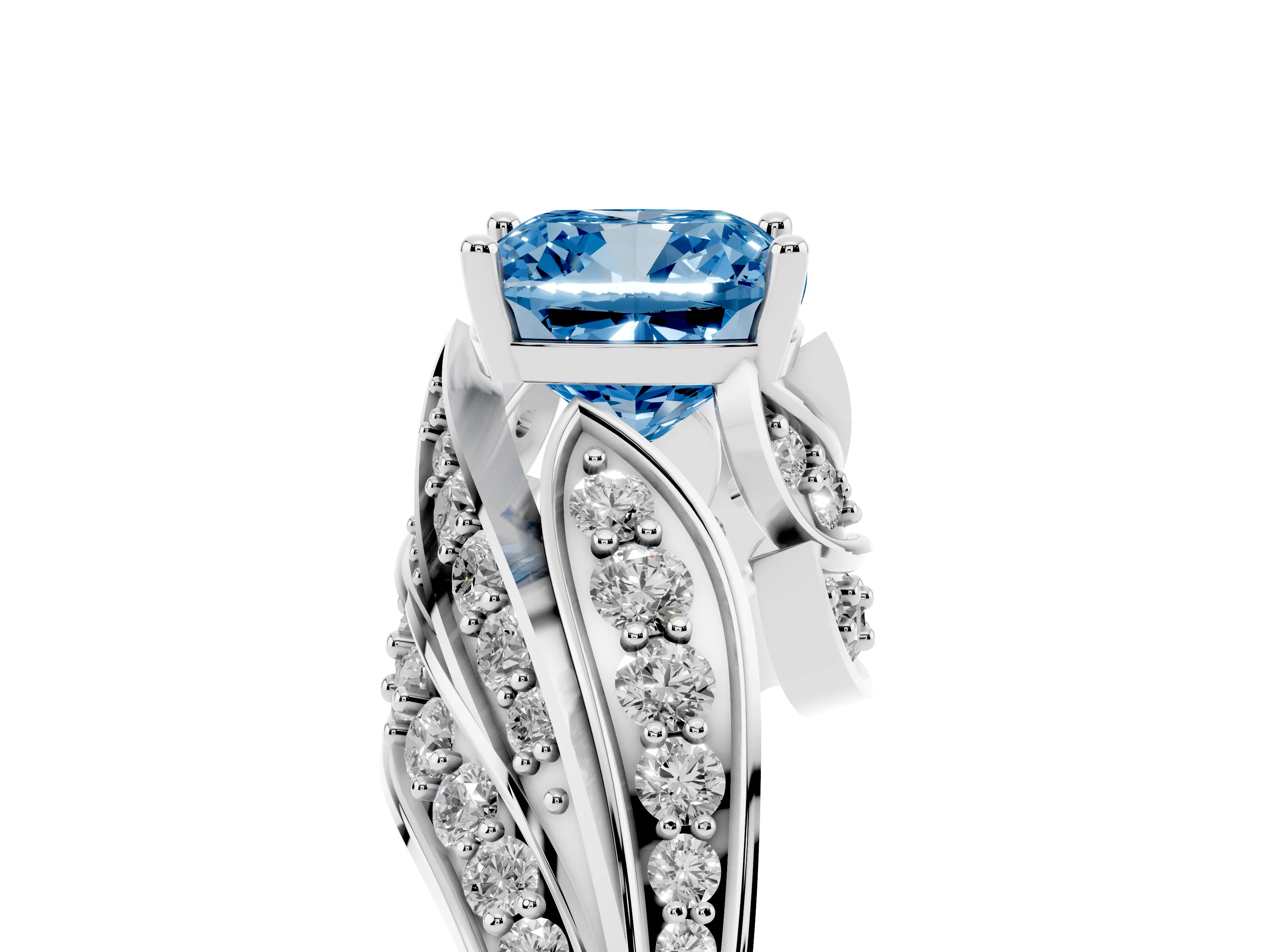 Fancy Blue Cushion Cut Diamond Solitaire Ring Set in Silver with Layered Twist Pavé Band