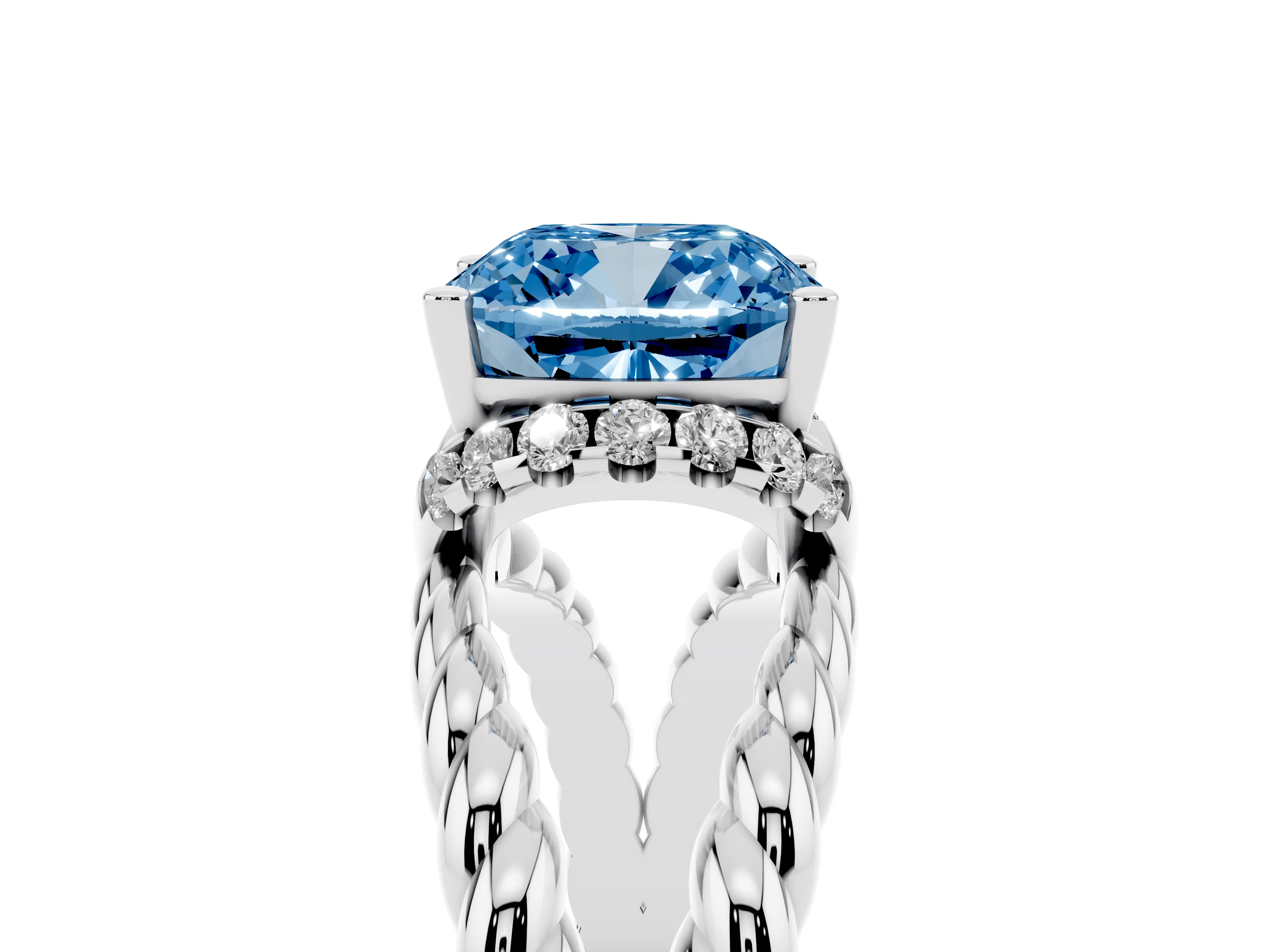 Fancy Blue Cushion Cut Diamond Halo Ring Set in White gold with Twisted Band and Prong Setting