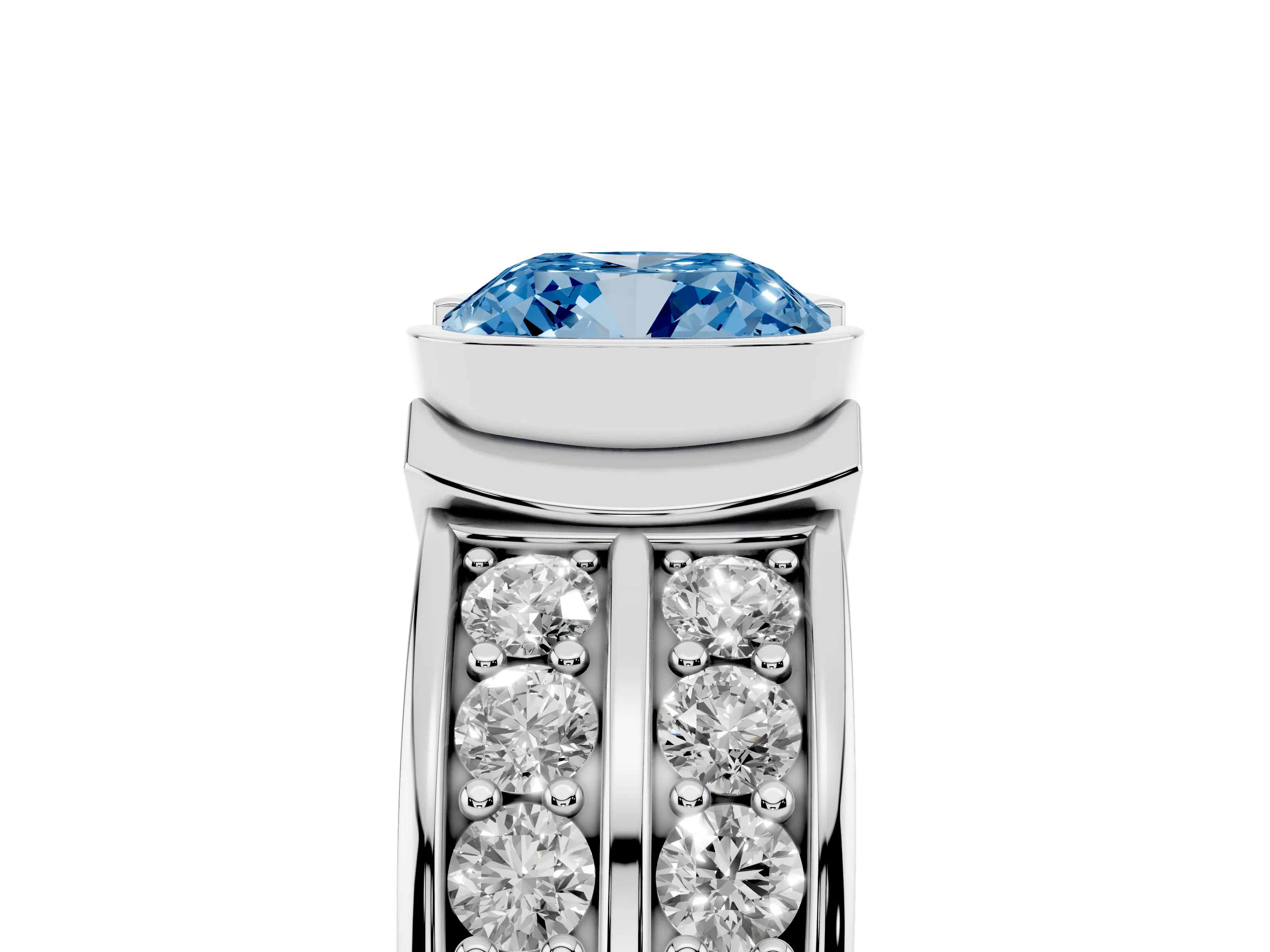 Fancy Blue Cushion Cut Diamond Wide Channel Set Band Ring Set in Platinum with Bezel Setting