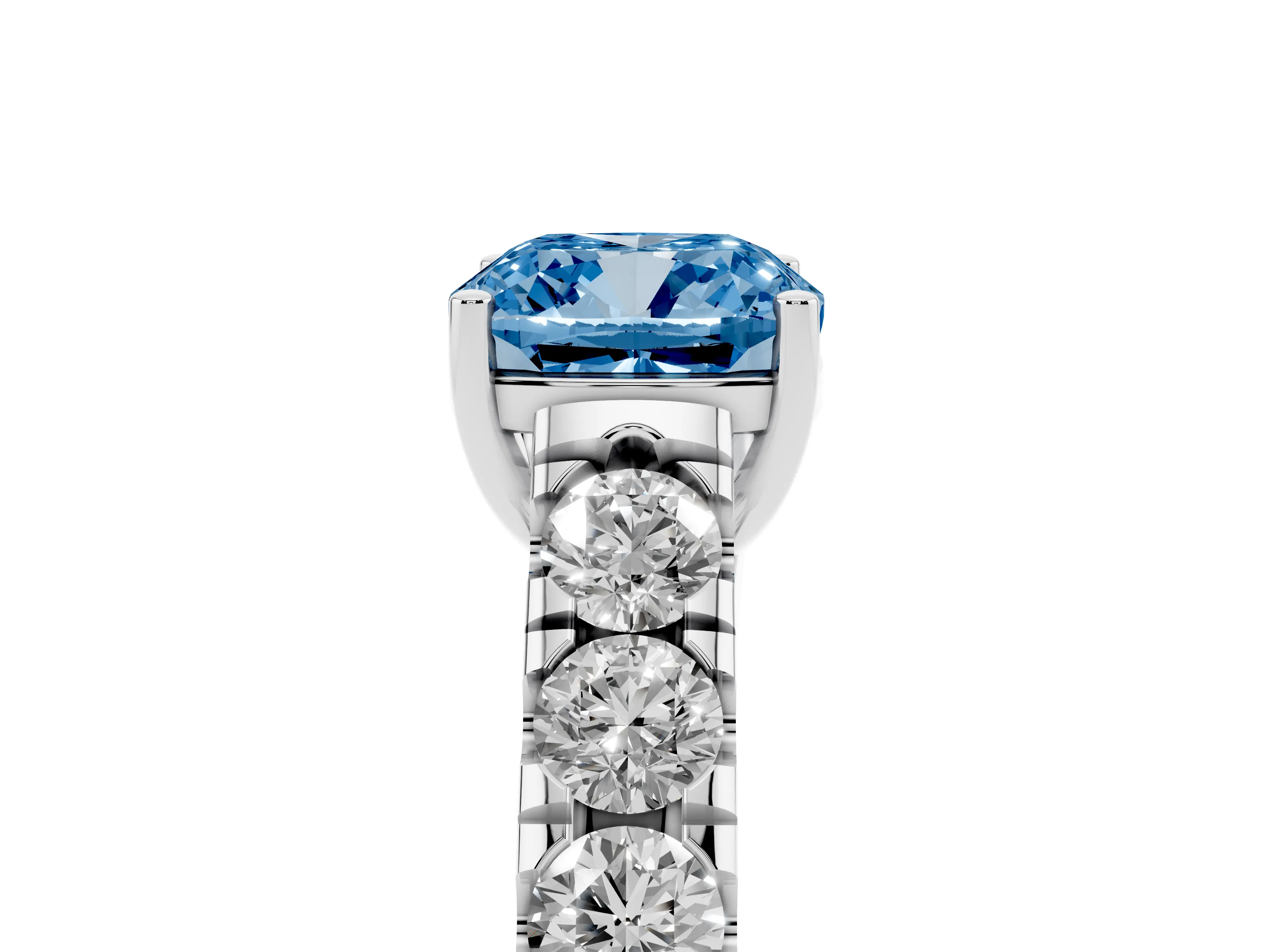 Fancy Blue Cushion Cut Diamond Solitaire Ring Set in Platinum with Cut-Down Micro Pavé Band and Prong Setting