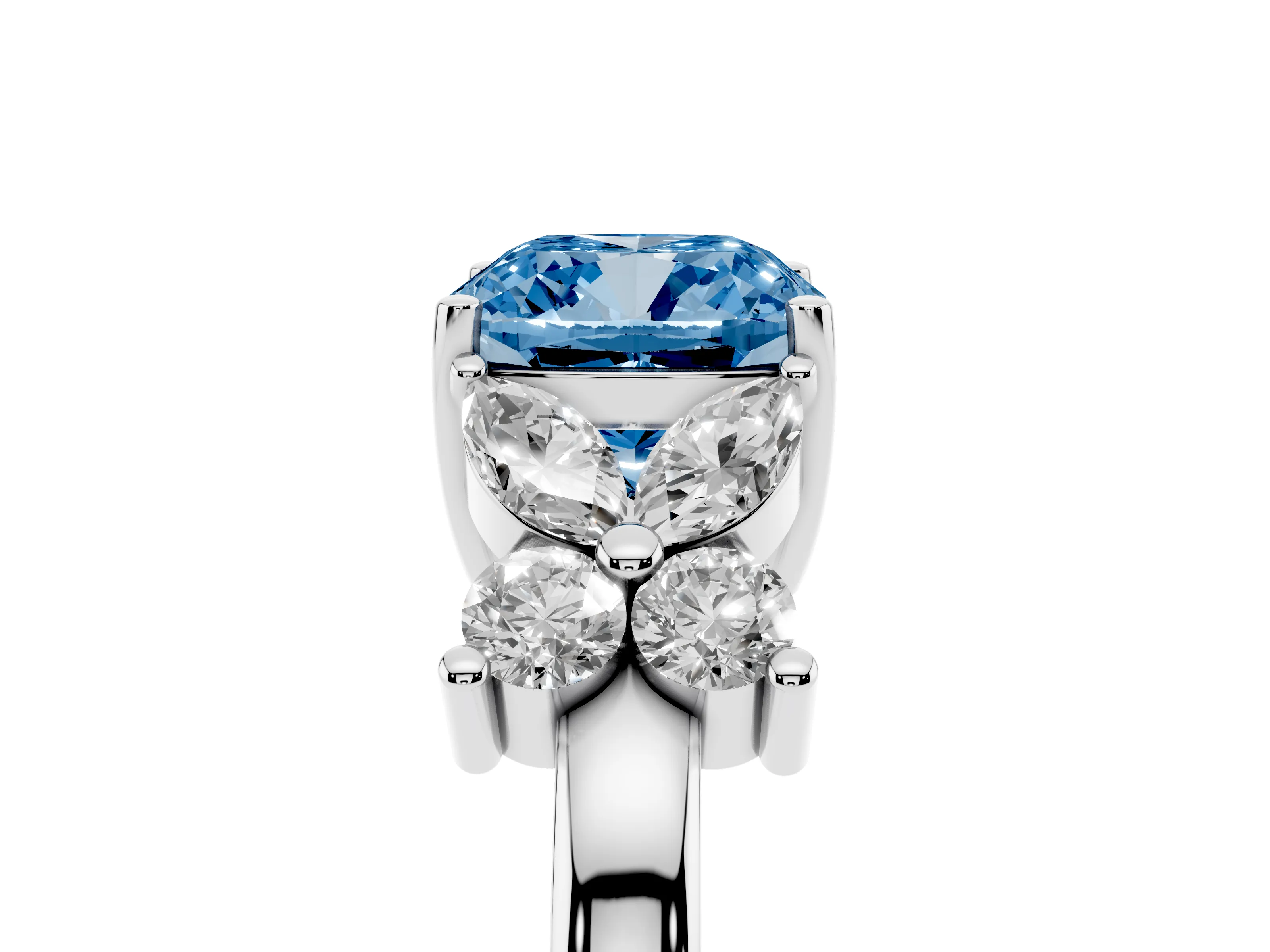 Fancy Blue Cushion Cut Diamond Floral Cluster Ring Set in Silver with Marquise Petals and Prong Setting