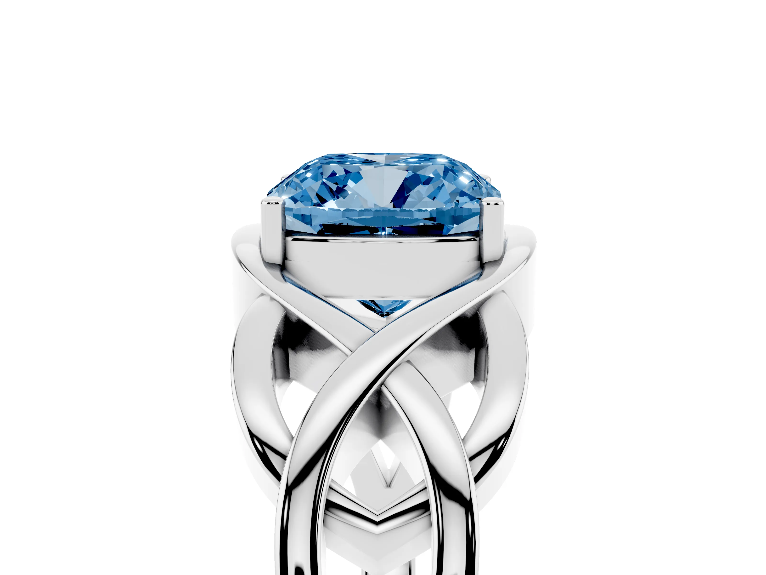 Fancy Blue Cushion Cut Diamond Solitaire Ring Set in Silver with Intertwined Band