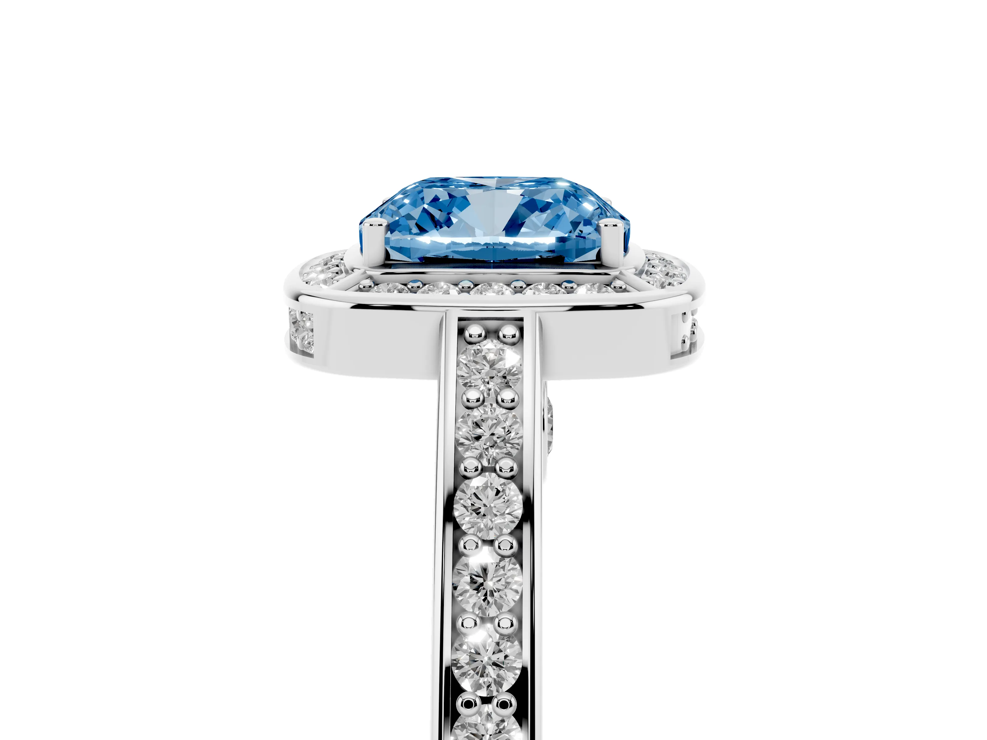 Fancy Blue Cushion Cut Diamond Halo Pavé Split Shank Ring Set in White gold with Prong Setting
