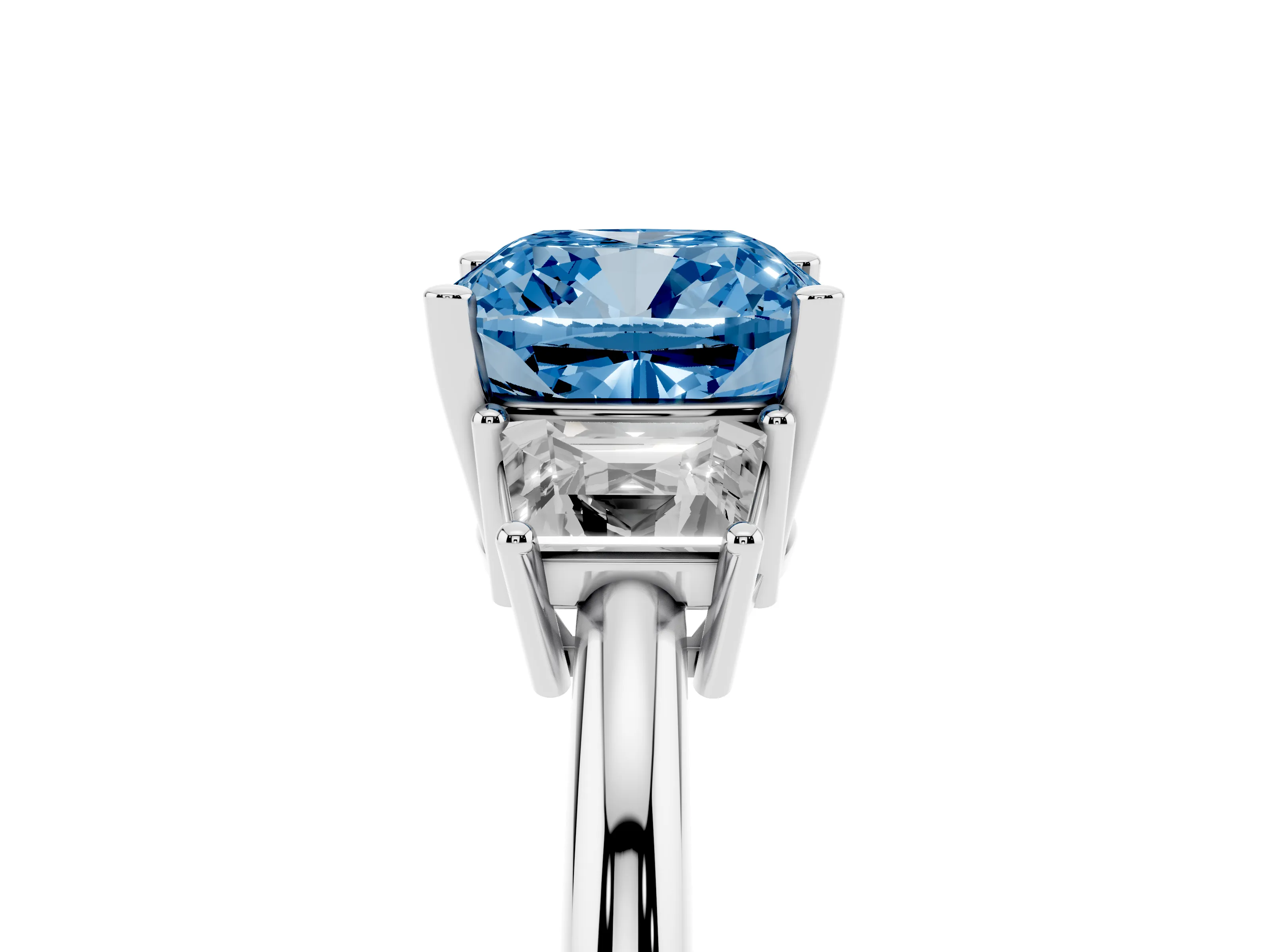 Fancy Blue Cushion Cut Diamond Three-Stone Ring Set in Silver with Trapezoid Side Stones and Prong Setting