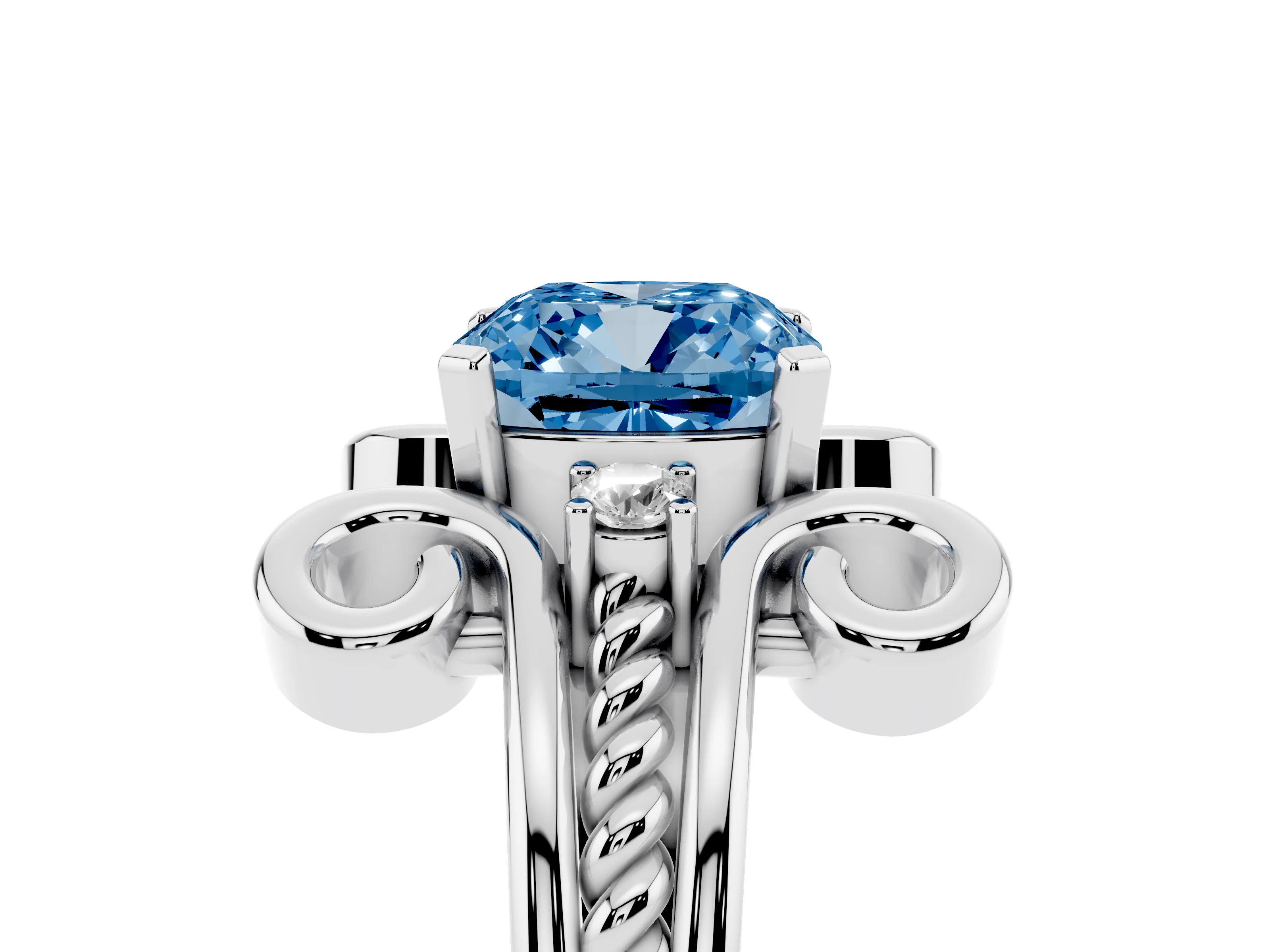 Fancy Blue Cushion Cut Diamond Twisted Band Solitaire Ring Set in White gold with Scroll Prongs