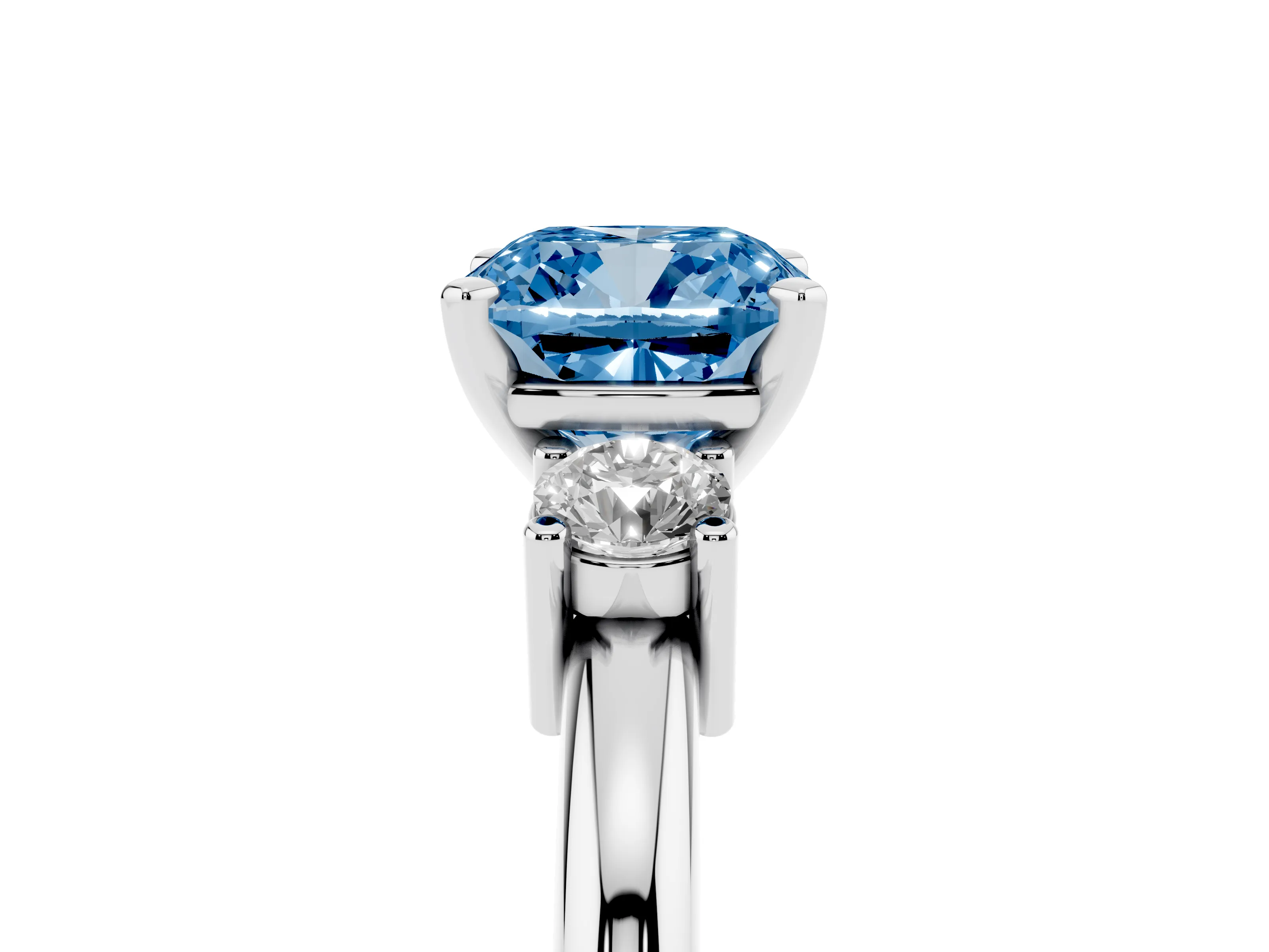 Fancy Blue Three-Stone Cushion Cut Diamond Ring Set in Silver with Prong Setting and Plain Band