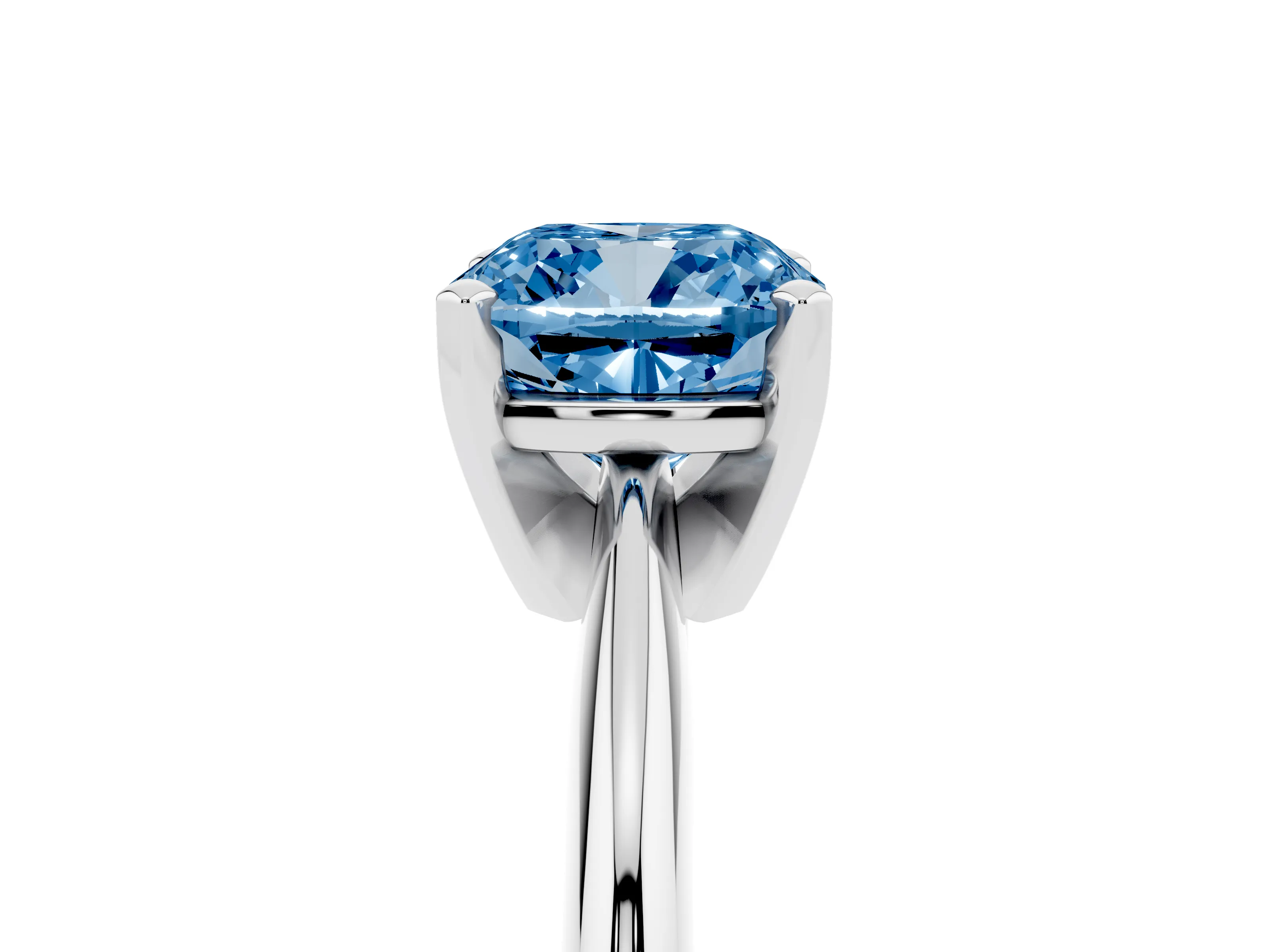 Fancy Blue Cushion Cut Diamond Solitaire Ring Set in Platinum with Prong Setting on a Plain Round Band
