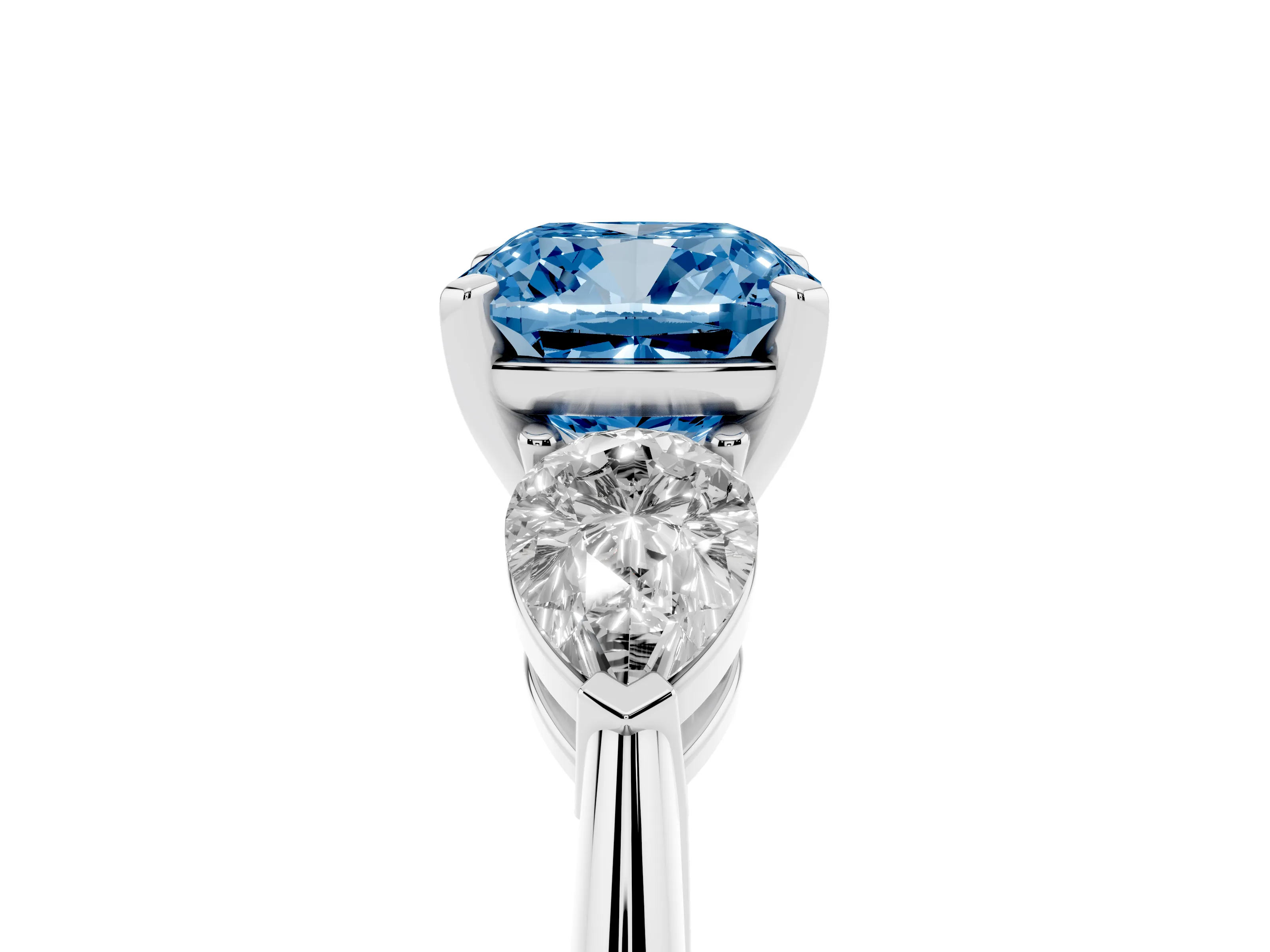 Fancy Blue Three-Stone Cushion Cut Diamond Ring Set in Silver with Pear Side Stones and Prong Setting