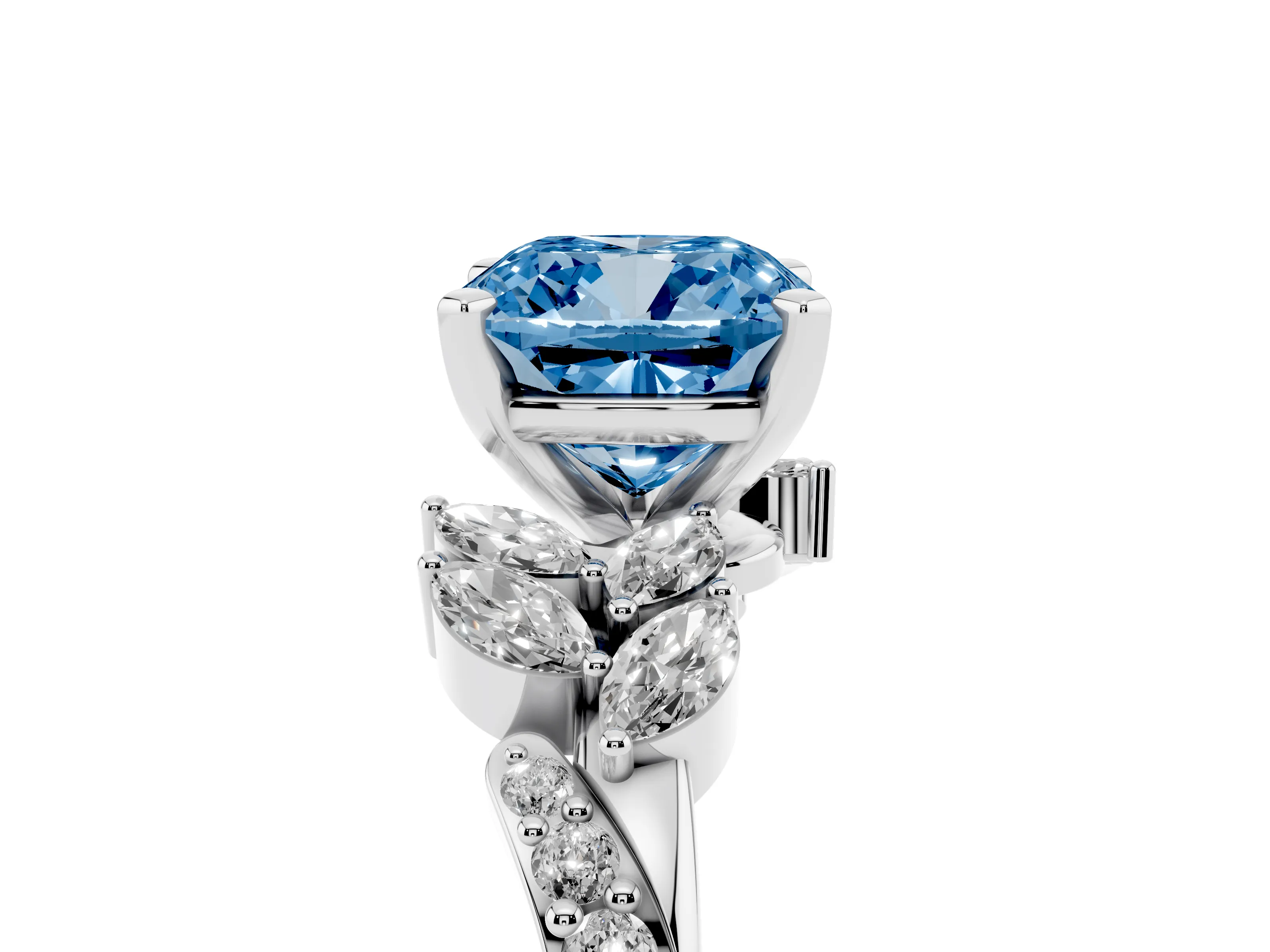 Fancy Blue Cushion Cut Diamond Solitaire Ring Set in White gold with Marquise Twist Band and Prong Setting