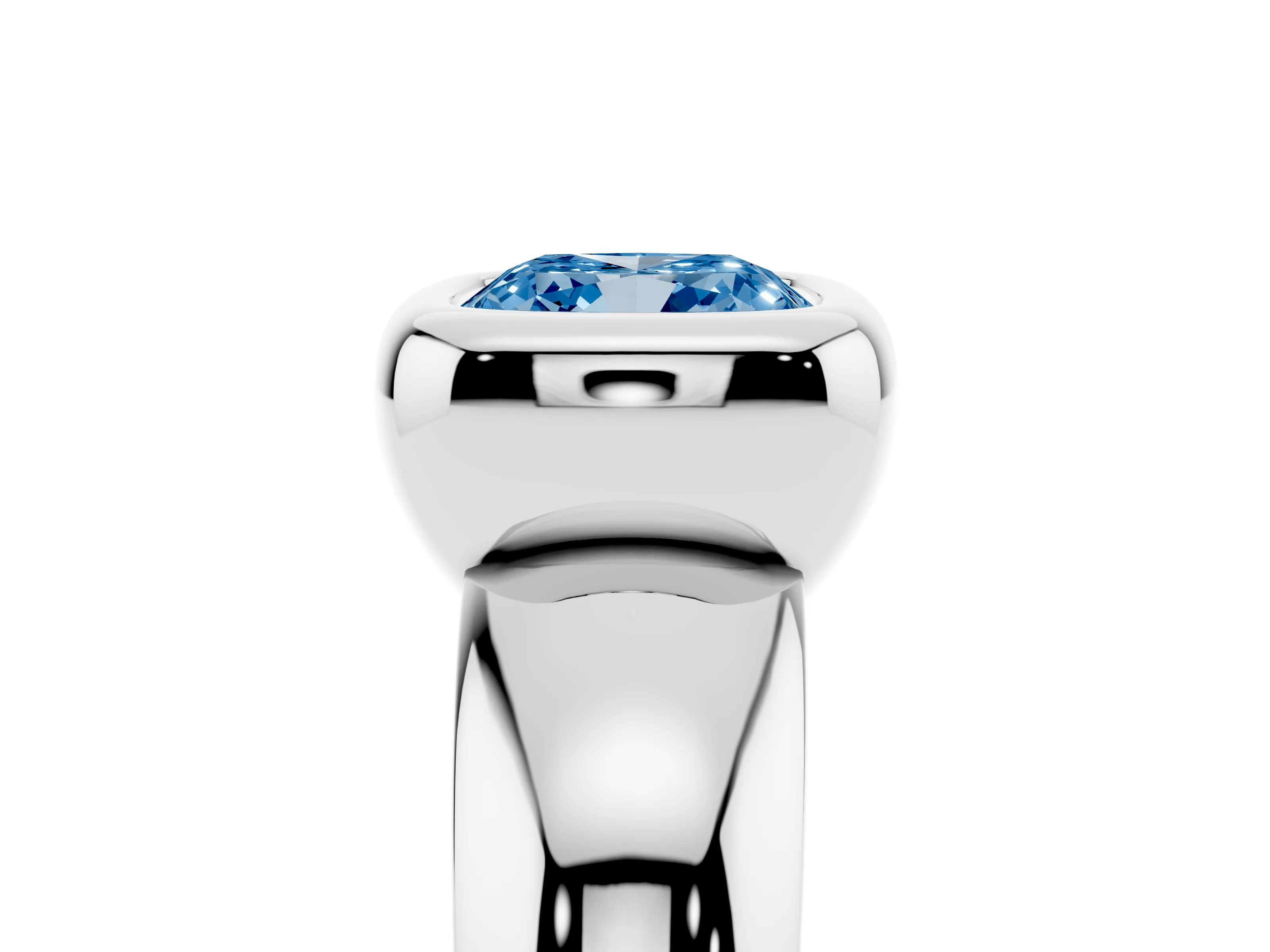 Fancy Blue Bezel Set Cushion Cut Diamond Solitaire Ring Set in Platinum with Wide Band