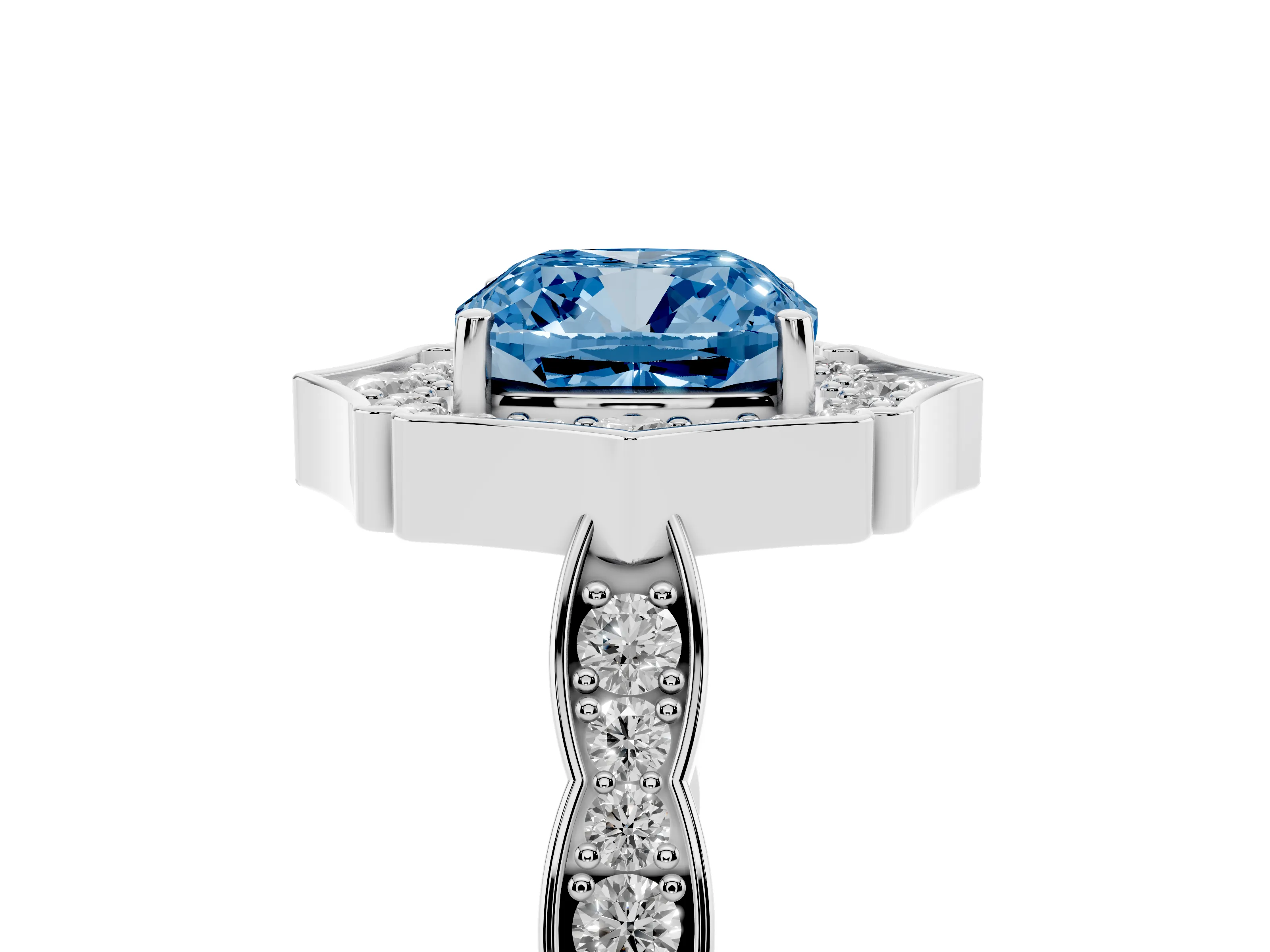 Fancy Blue Cushion Cut Diamond Halo Engagement Ring Set in White gold with Milgrain Band and Prong Setting