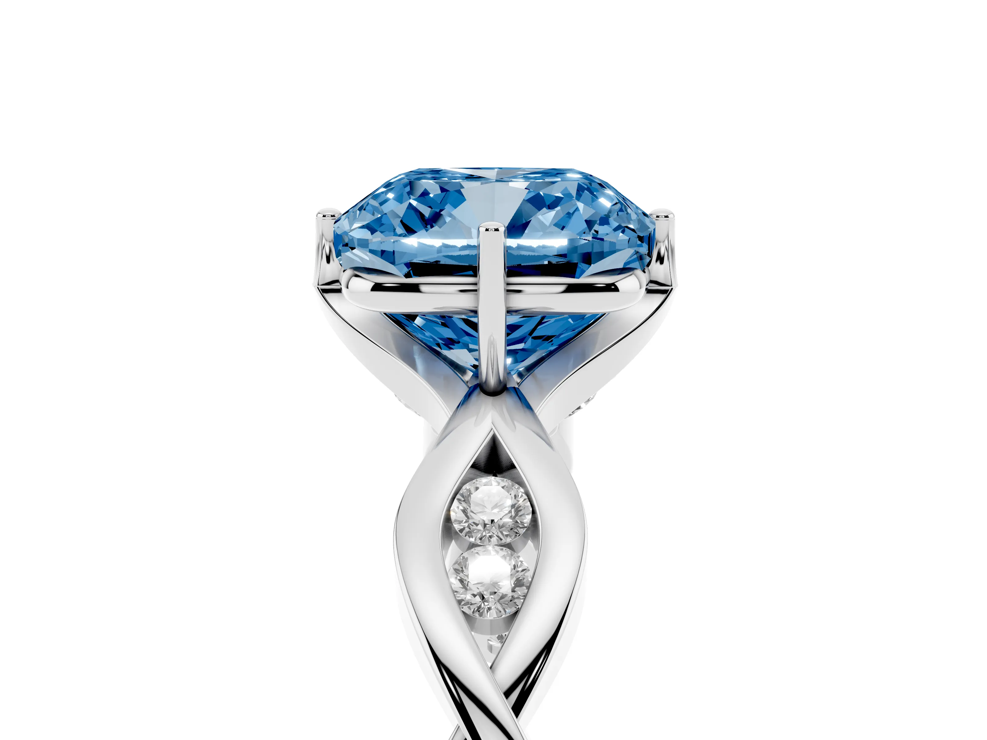 Fancy Blue Cushion Cut Diamond Twist Band Solitaire Ring Set in Silver with Leaf Prong Setting and Accent Stones