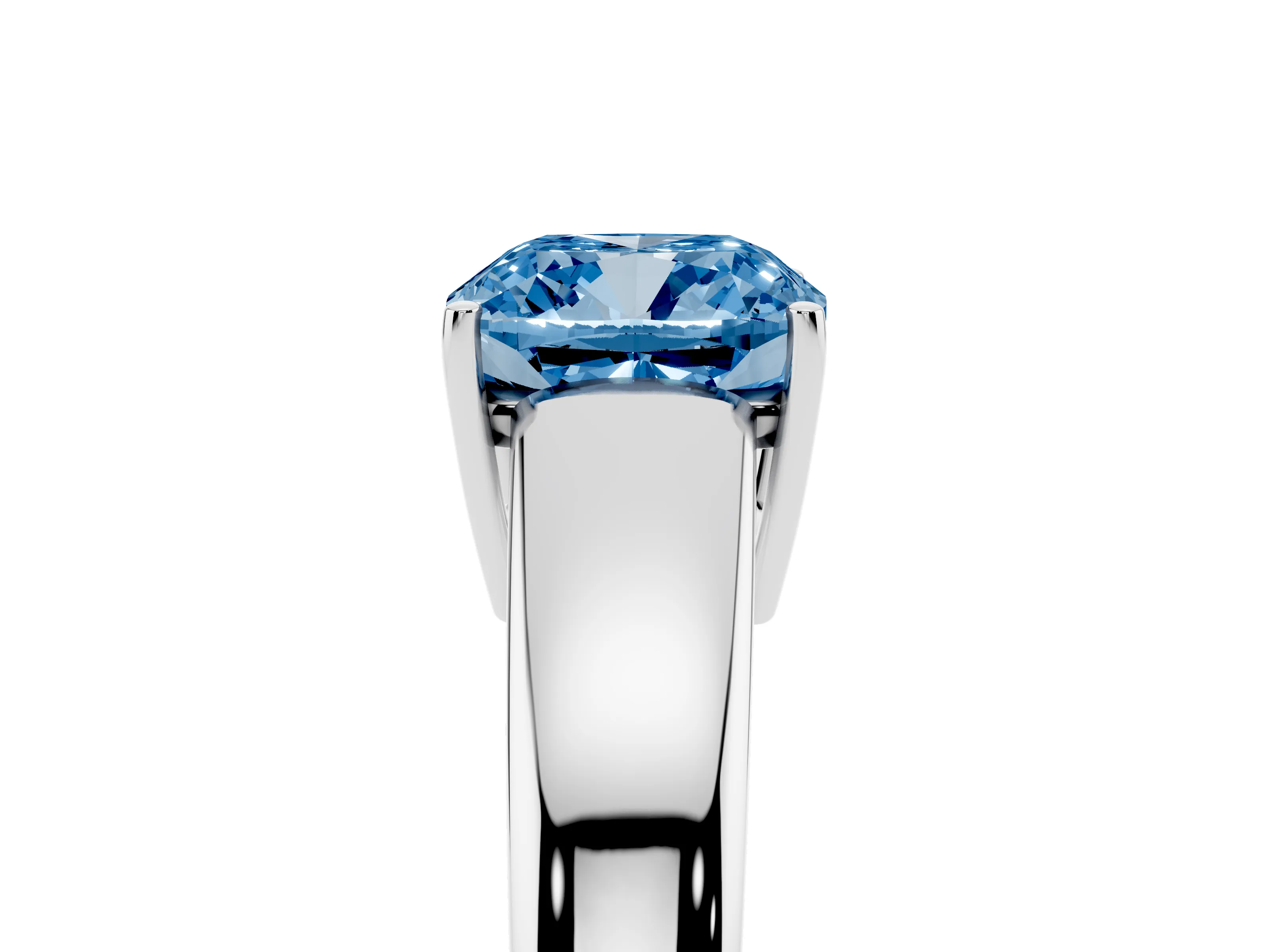 Fancy Blue Cushion Cut Diamond Solitaire Ring Set in White gold with Tapered Band and Prong Setting