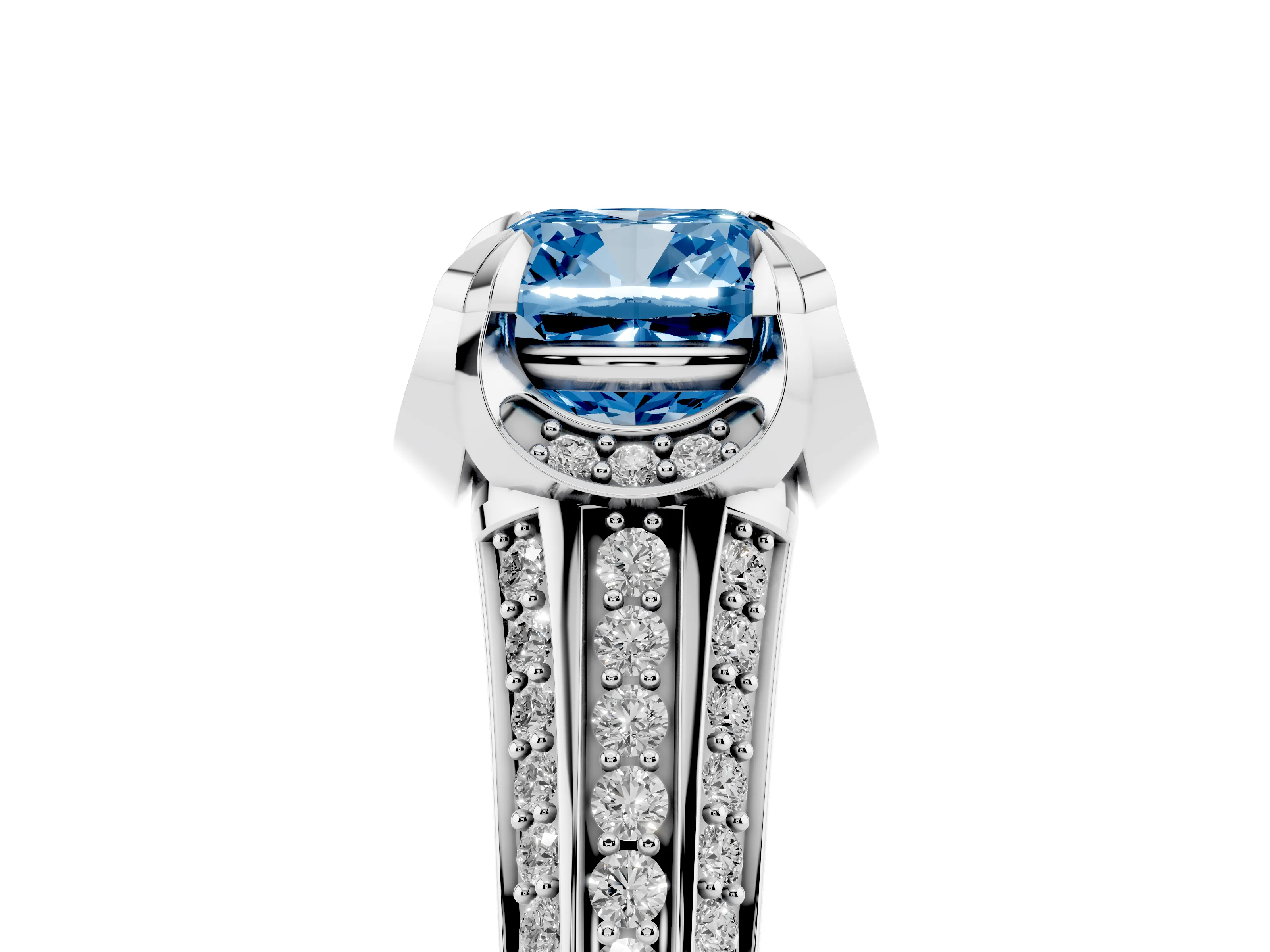 Fancy Blue Cushion Cut Diamond Pavé Split Shank Solitaire Ring Set in Platinum with Prong Setting