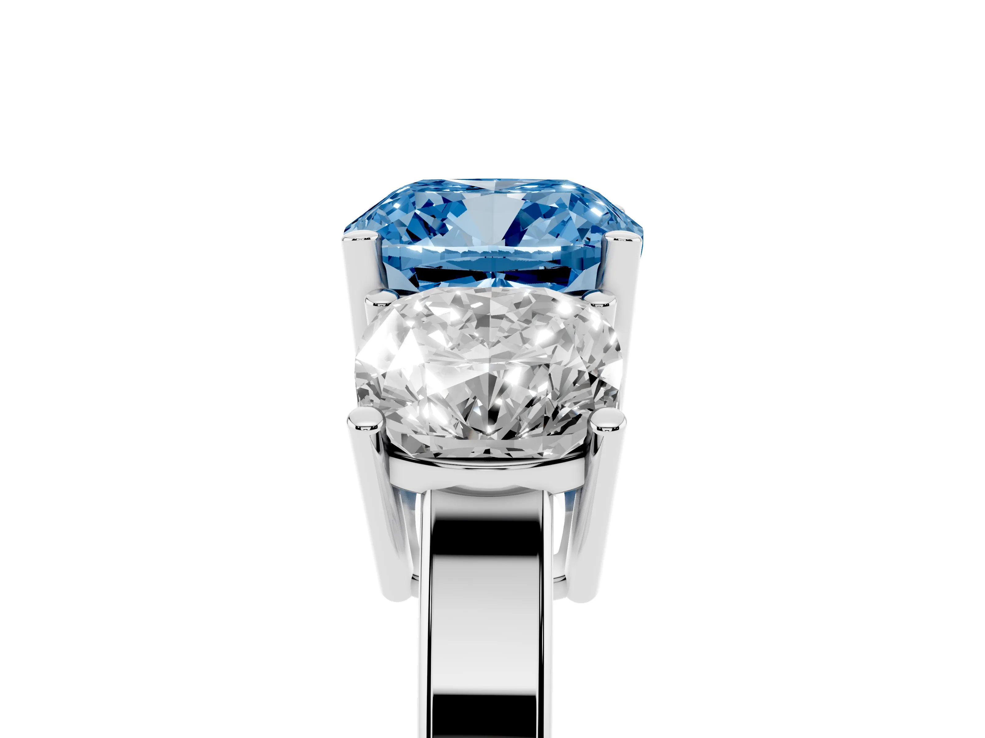 Fancy Blue Cushion Cut Diamond Three-Stone Engagement Ring Set in White gold with Flat Band