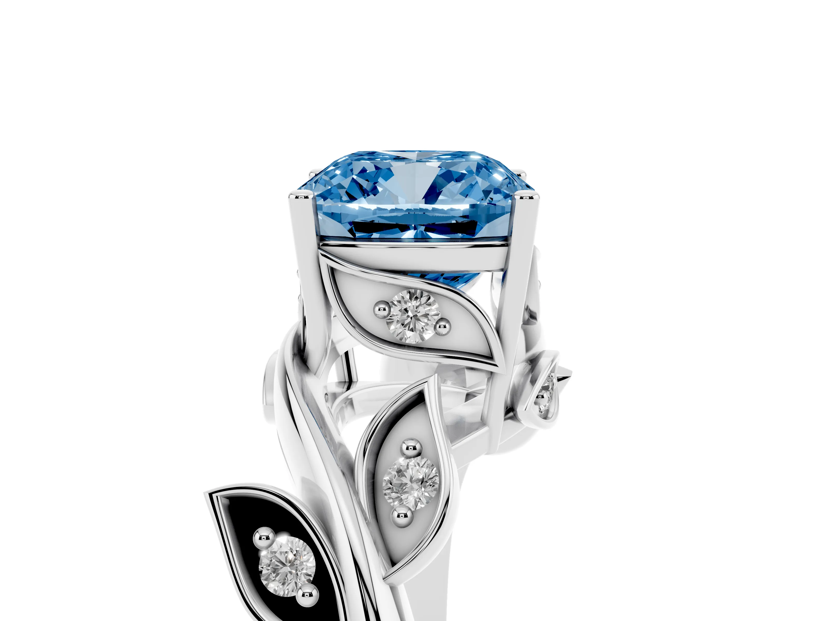 Fancy Blue Cushion Cut Diamond Solitaire Twist Engagement Ring Set in Platinum with Pavé Leaf Accents