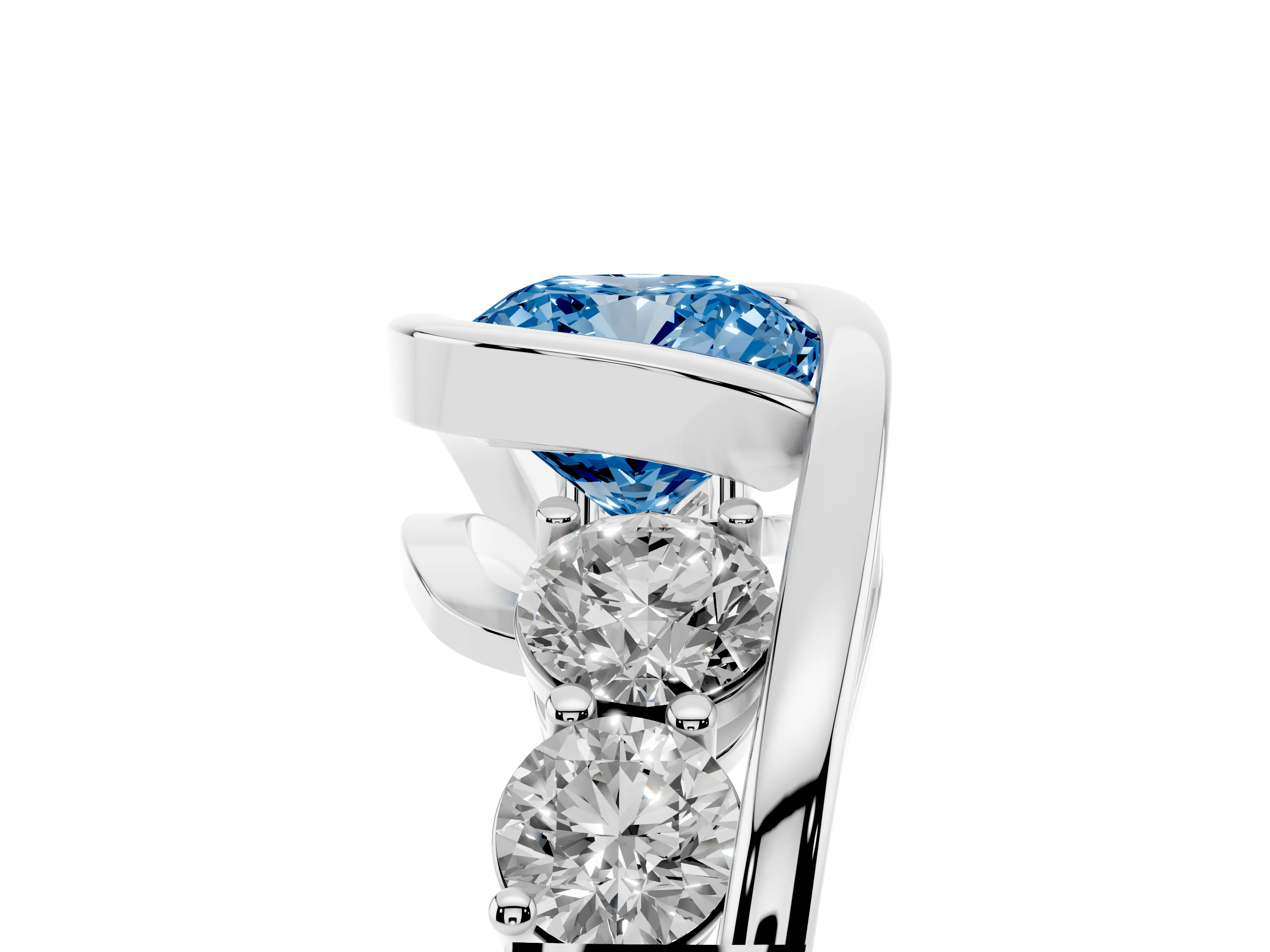 Fancy Blue Cushion Cut Diamond Bezel Bypass Ring Set in Silver with Round Accents