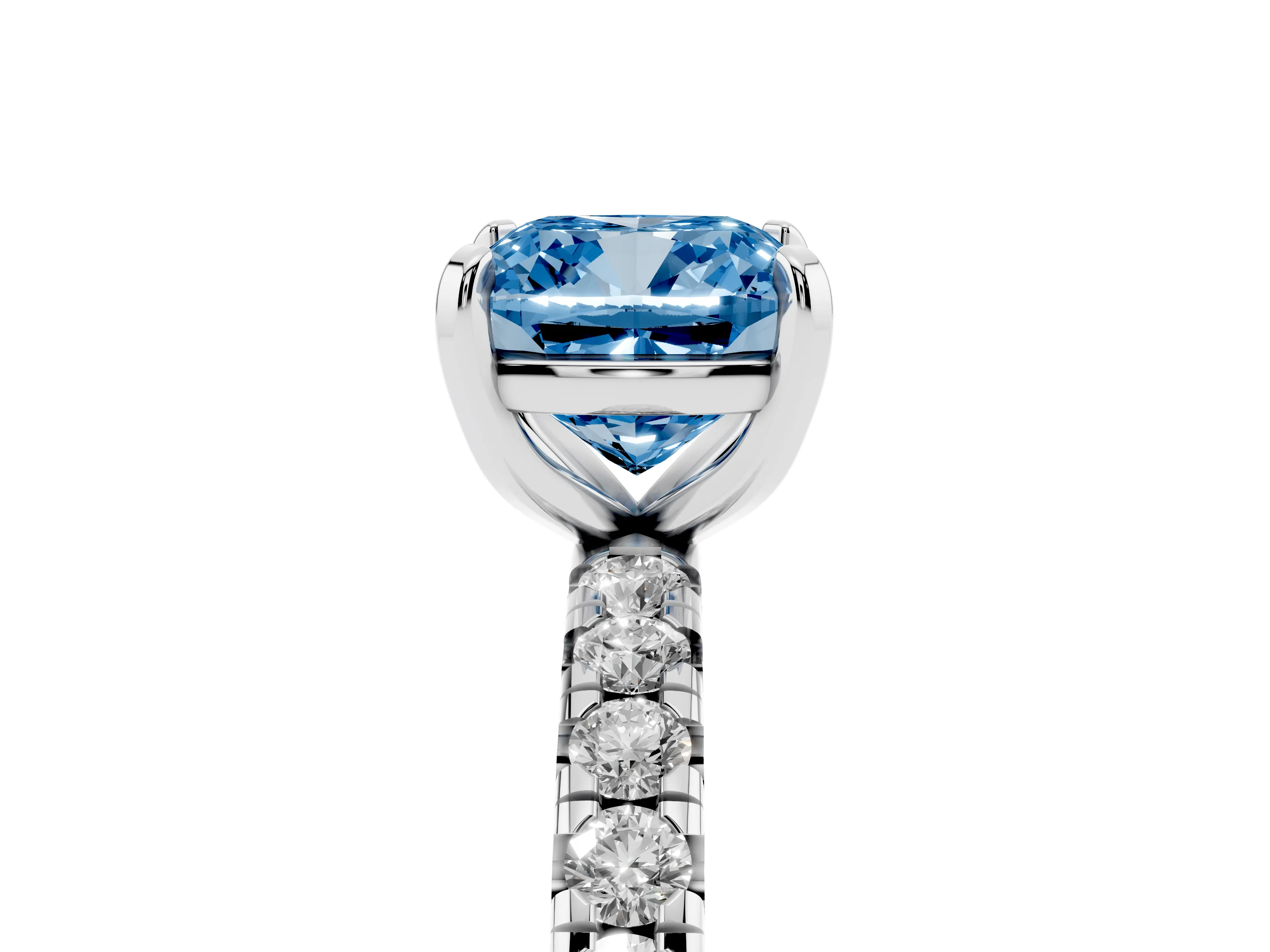 Fancy Blue Cushion Cut Diamond Pavé Solitaire Ring Set in Platinum with Round Band and Prong Setting