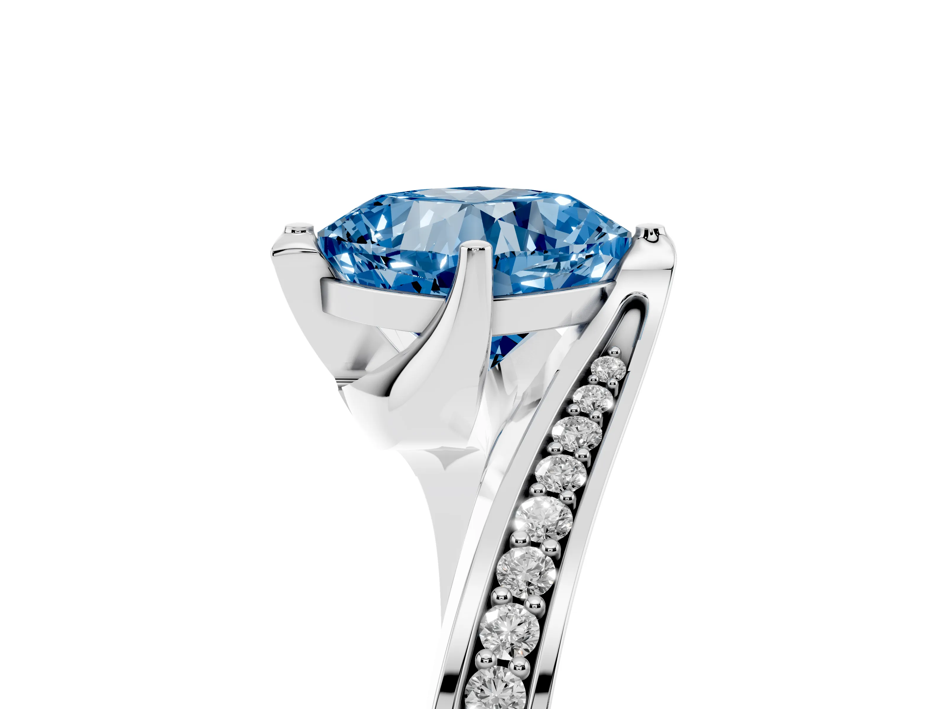 Fancy Blue Cushion Cut Diamond Solitaire Ring Set in White gold with Intertwined Pavé Twist Band