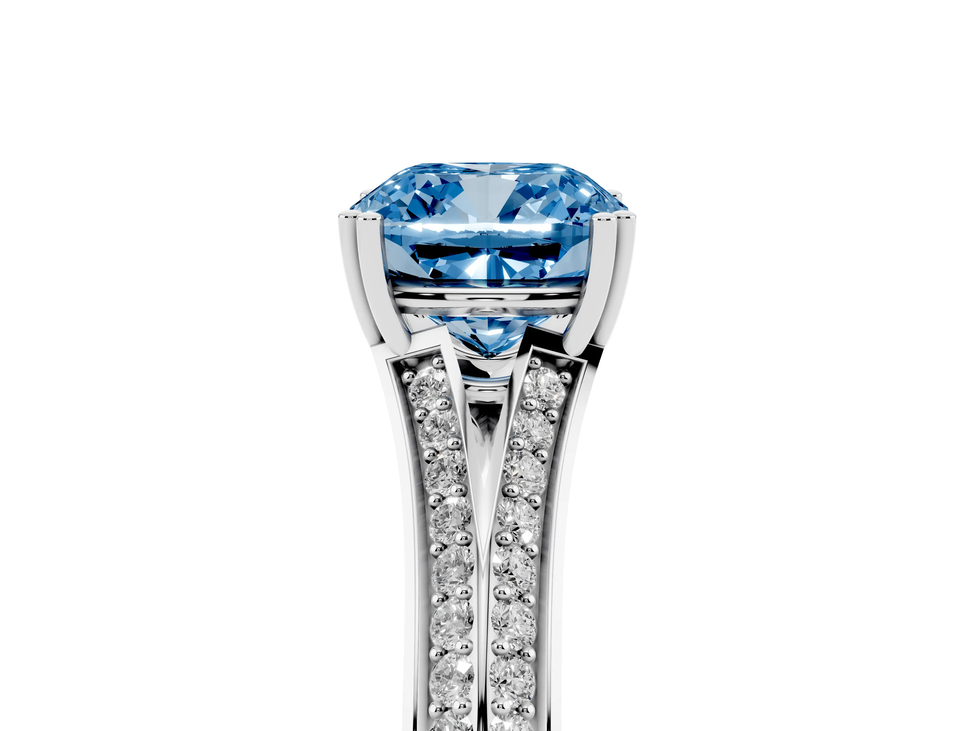 Fancy Blue Cushion Cut Diamond Split Shank Pavé Engagement Ring Set in White gold with Prong-Set Center Stone