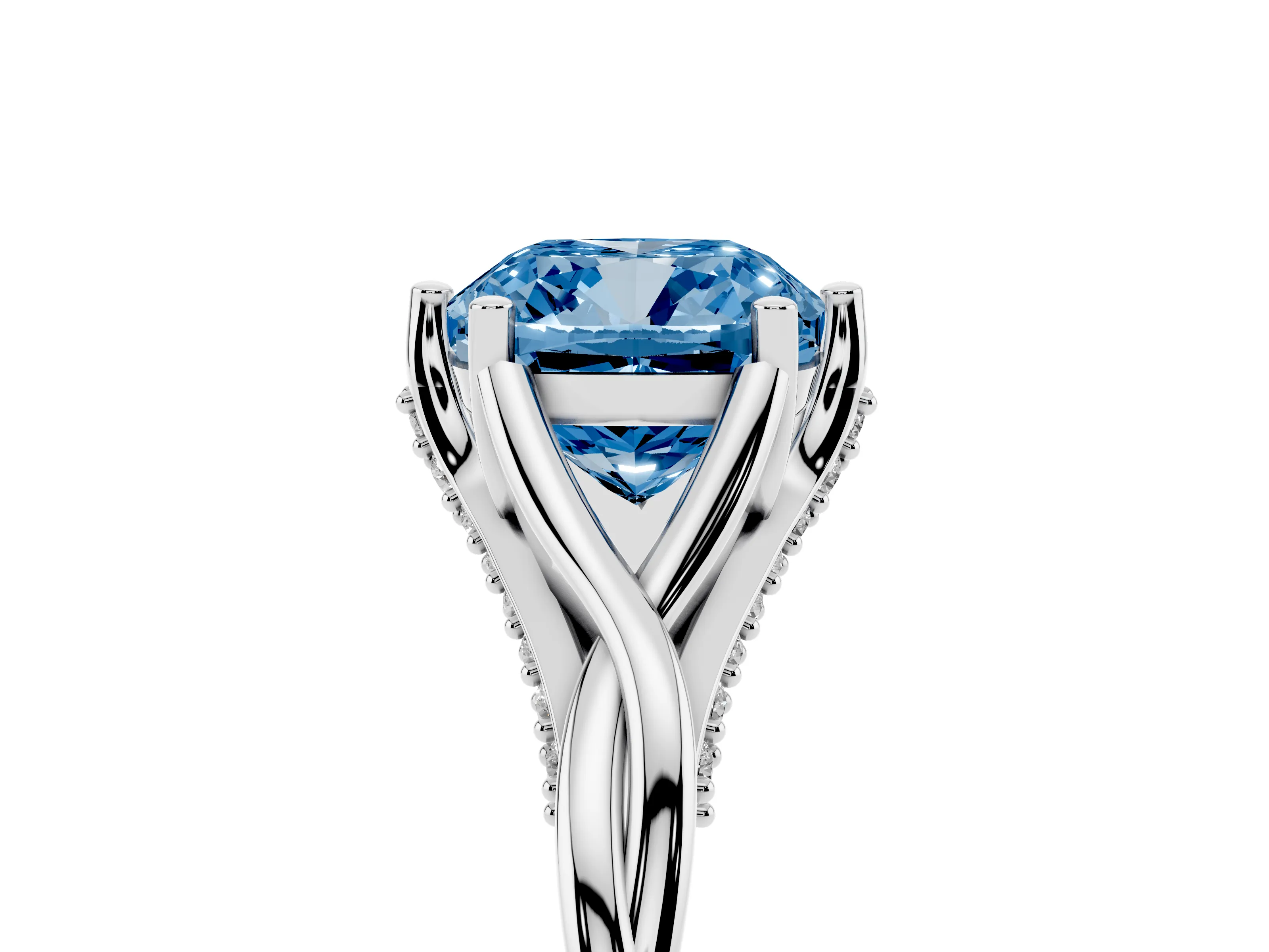 Fancy Blue Cushion Cut Diamond Intertwined Twist Band Solitaire Ring Set in White gold with Prong Setting