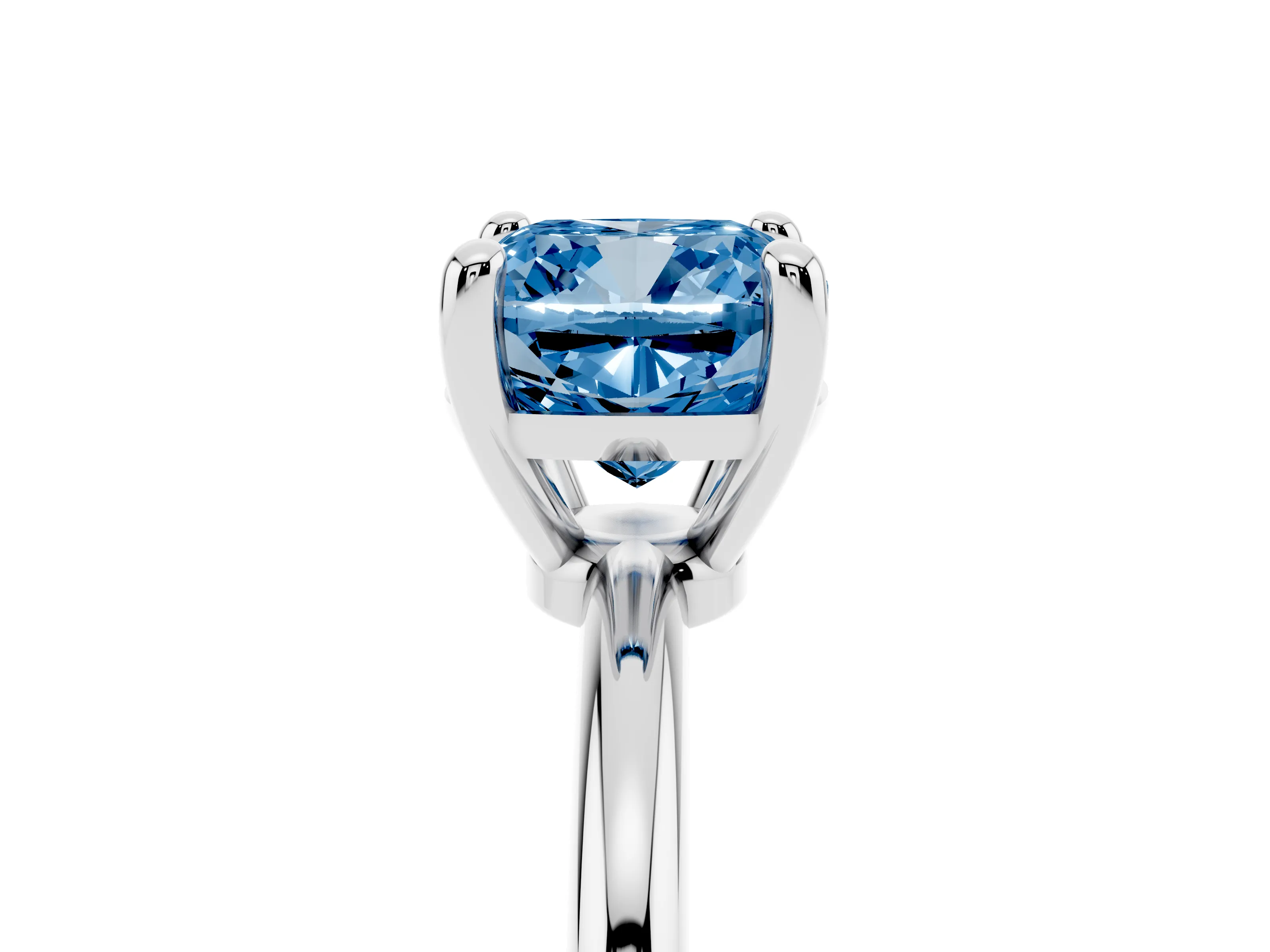 Fancy Blue Cushion Cut Diamond Solitaire Ring Set in White gold with Secure Prong Setting on a Classic Band