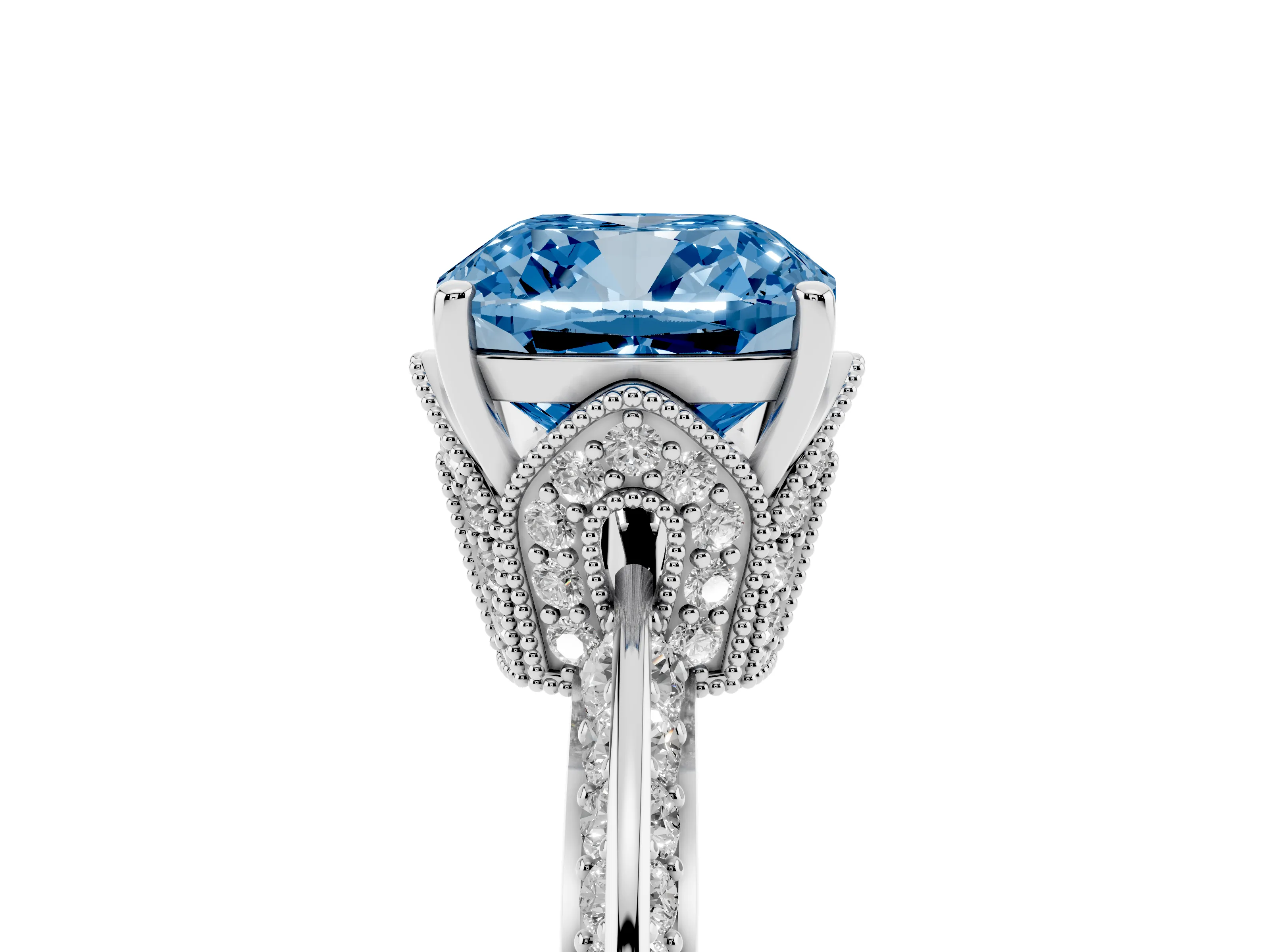 Fancy Blue Cushion Cut Diamond Solitaire Engagement Ring Set in Platinum with Pavé Split Shank and Prong Setting