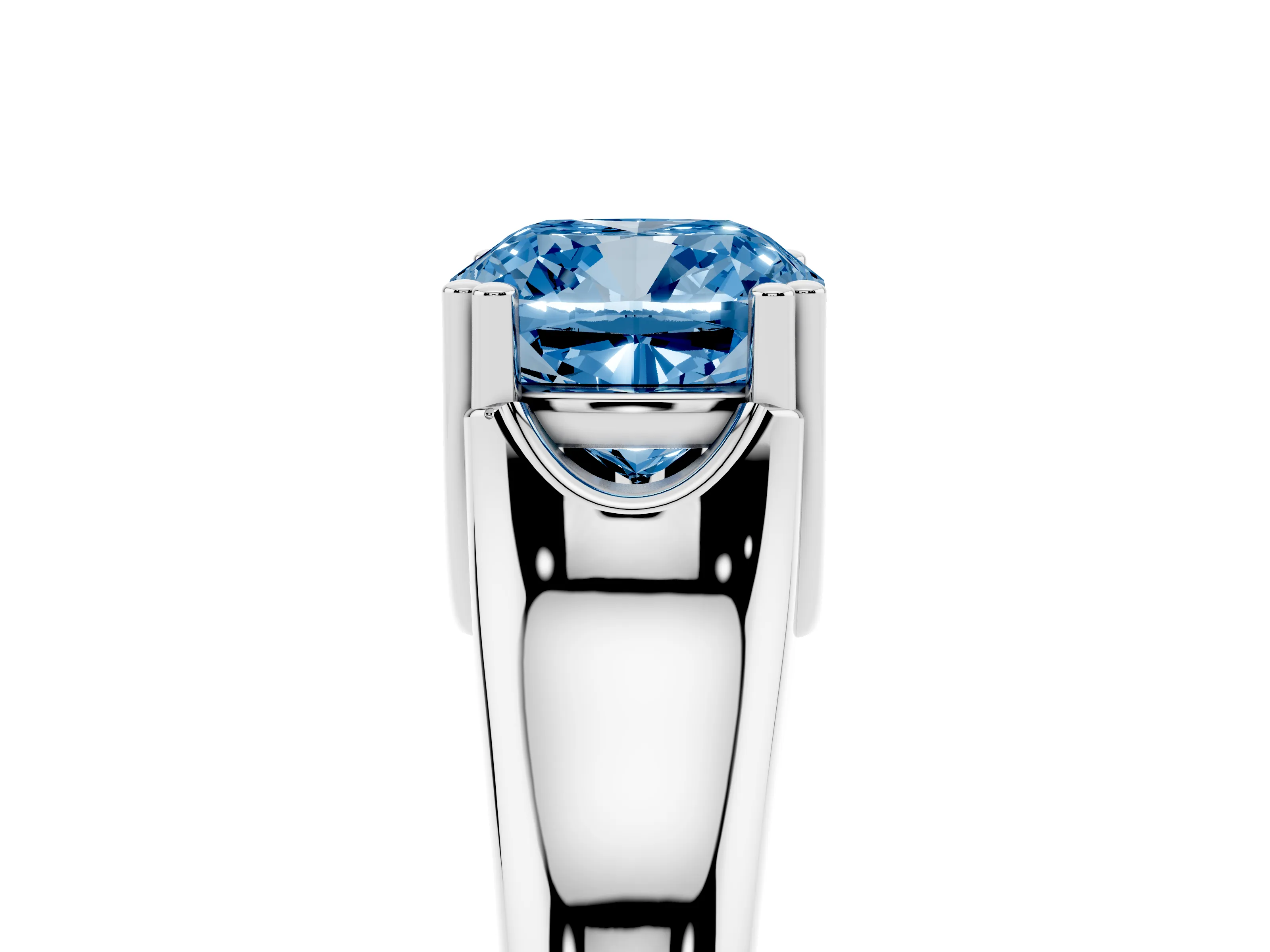 Fancy Blue Cushion Cut Diamond Solitaire Ring Set in Platinum with Wide Band and Prong Setting