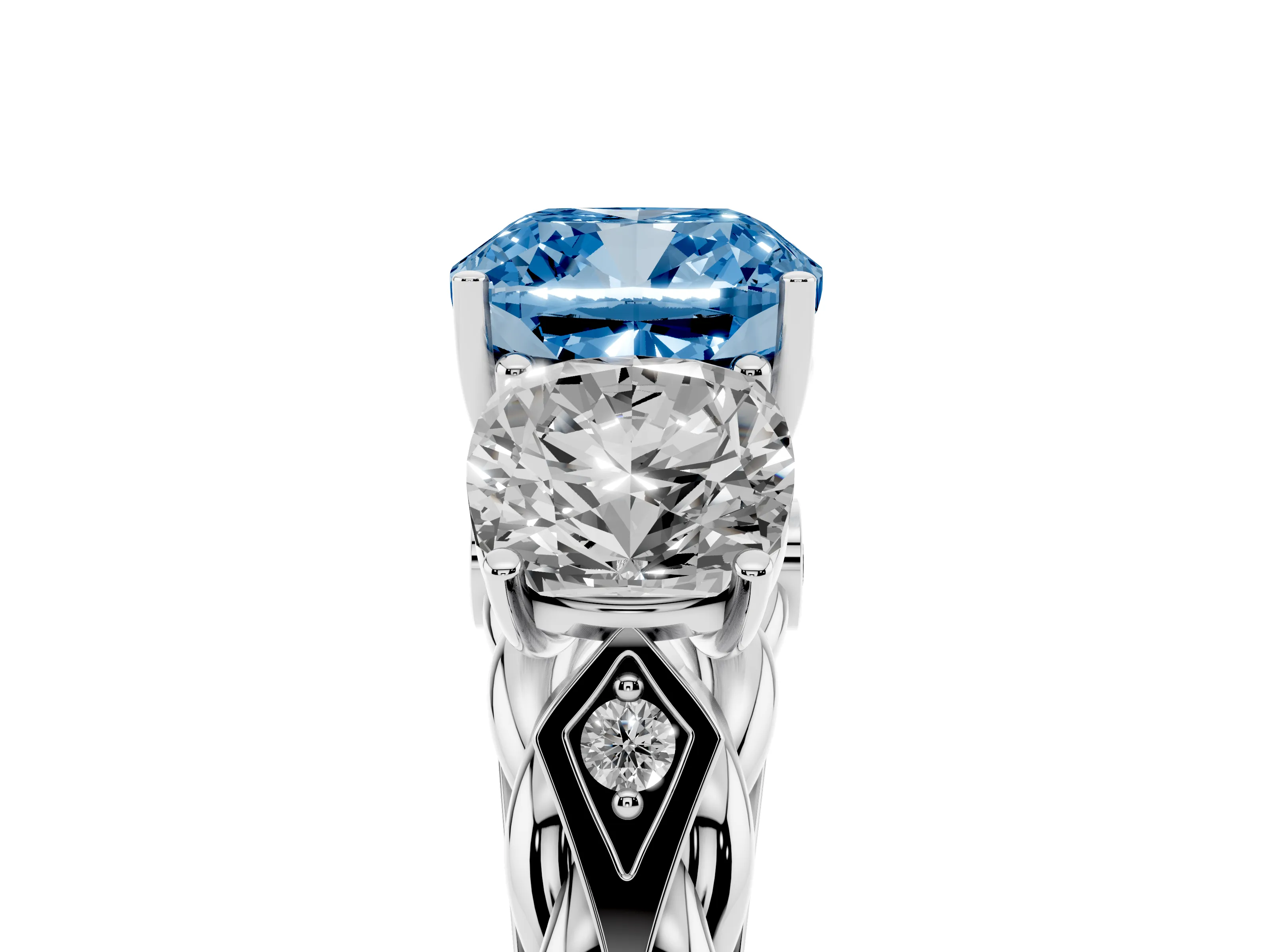 Fancy Blue Cushion Cut Diamond Three-Stone Ring Set in Silver with Braided Band