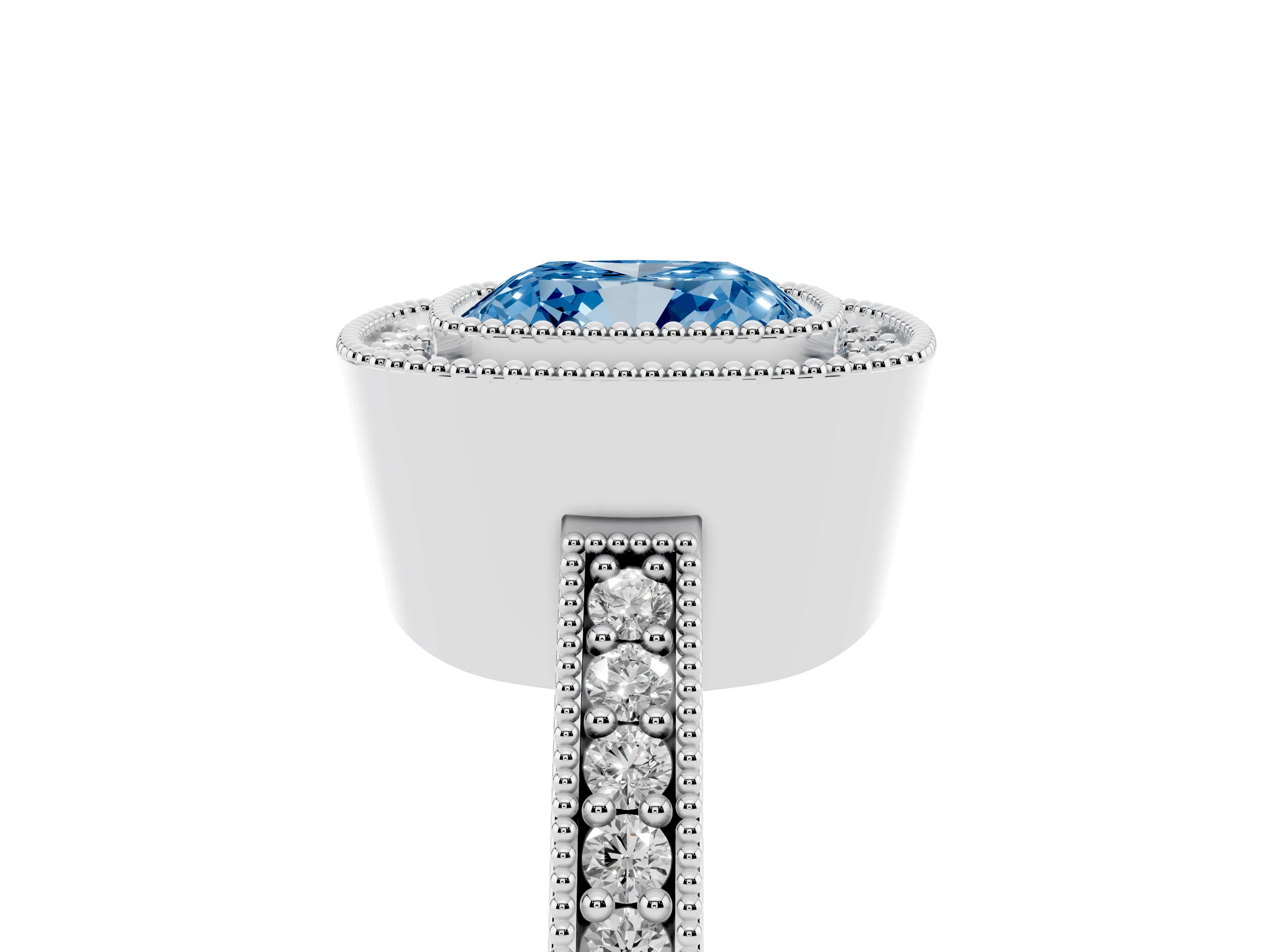Fancy Blue Cushion Cut Diamond Halo Engagement Ring Set in Platinum with Pavé Band and Round Halo Stones