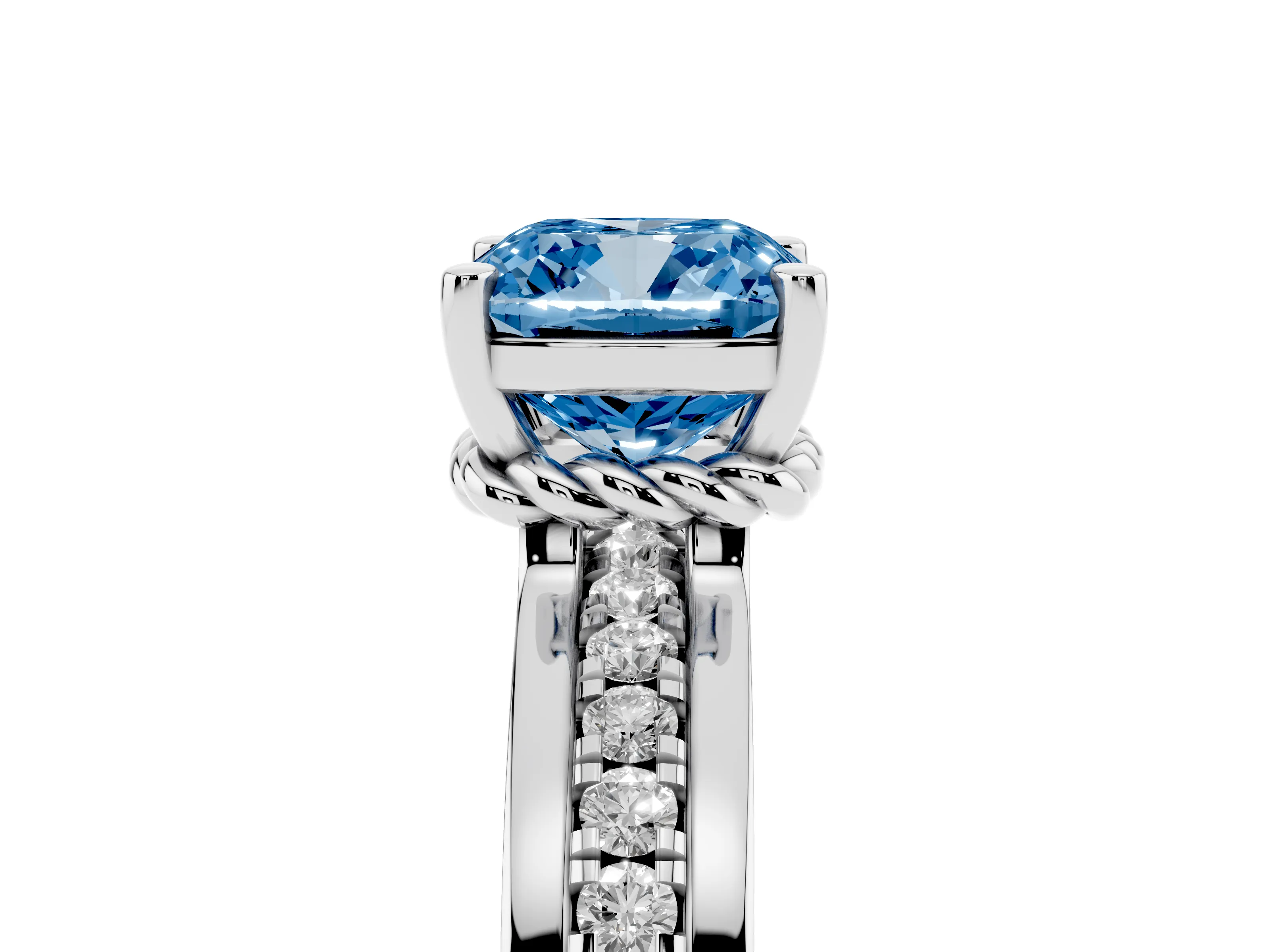 Fancy Blue Cushion Cut Diamond Solitaire Ring Set in Platinum with Channel Set Band and Prong Setting