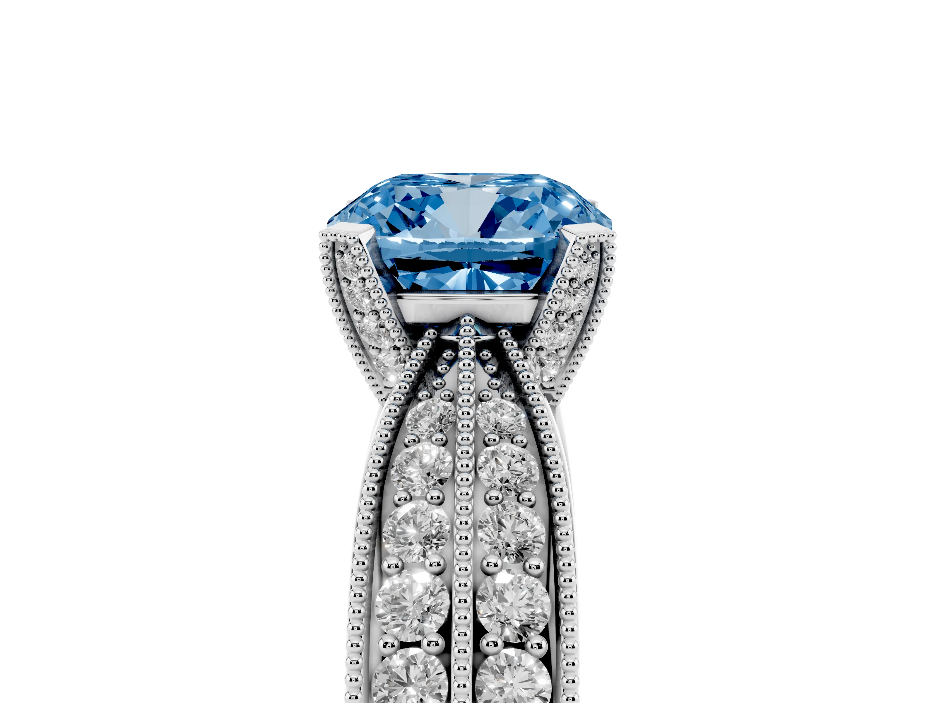 Fancy Blue Cushion Cut Diamond Solitaire Ring Set in White gold with Milgrain Double Row Round Pavé Band