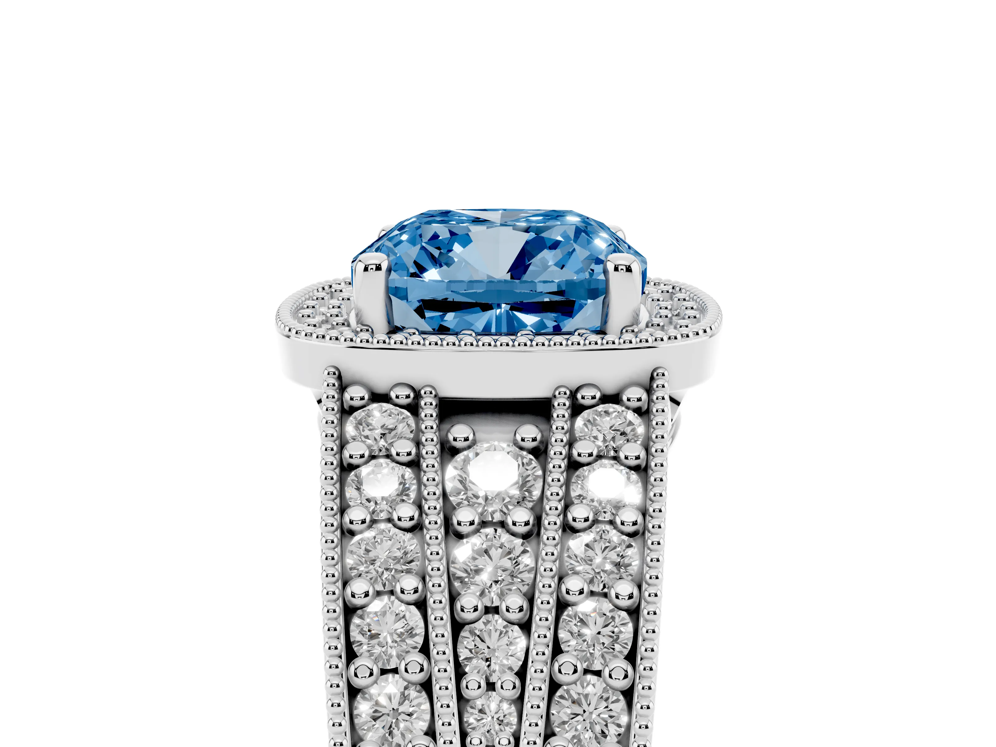 Fancy Blue Cushion Cut Diamond Halo Ring Set in Platinum with Accent Split Shank and Prong Setting