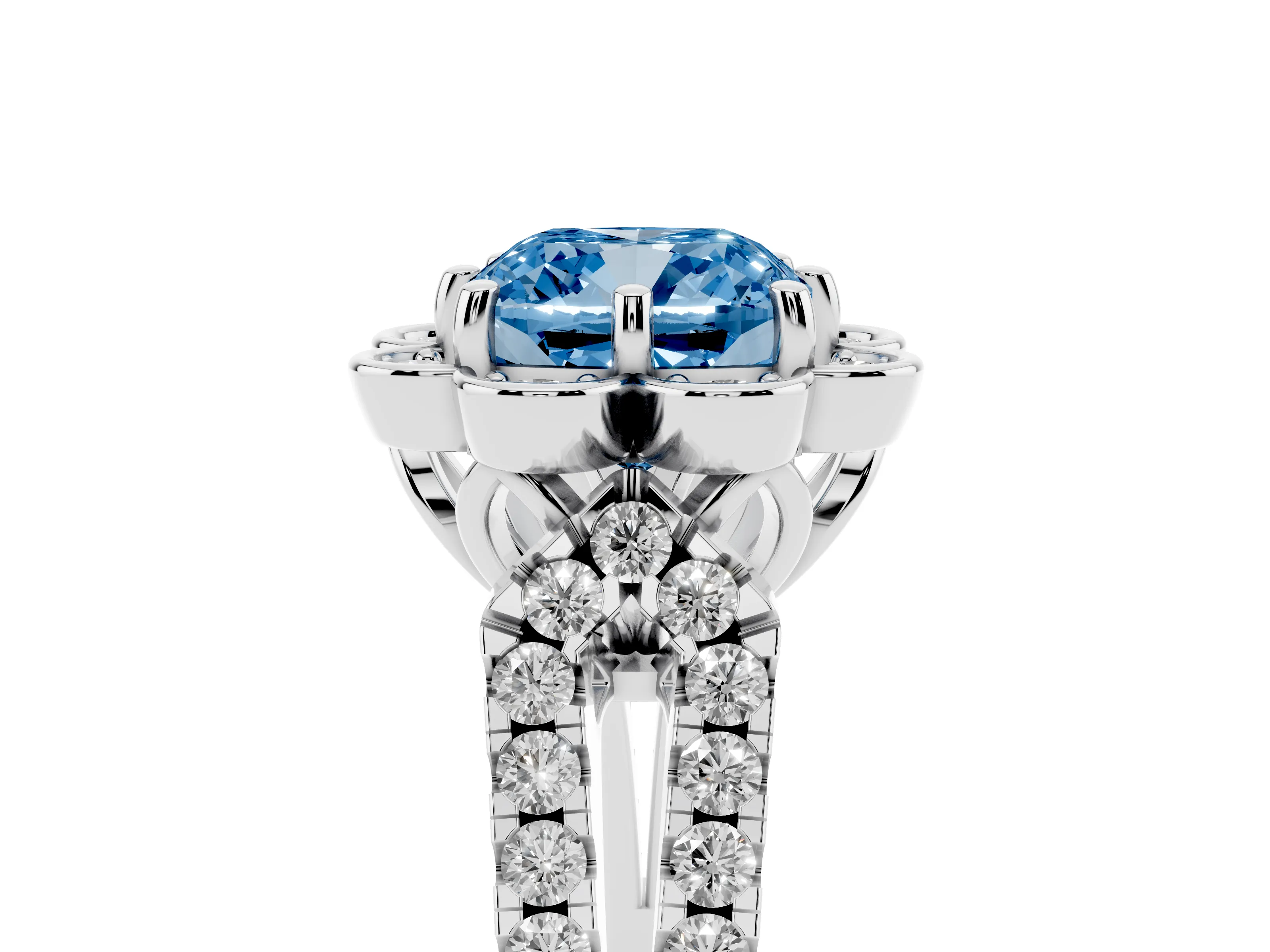 Fancy Blue Cushion Cut Diamond Floral Halo Split Shank Engagement Ring Set in Silver with Pavé Shank