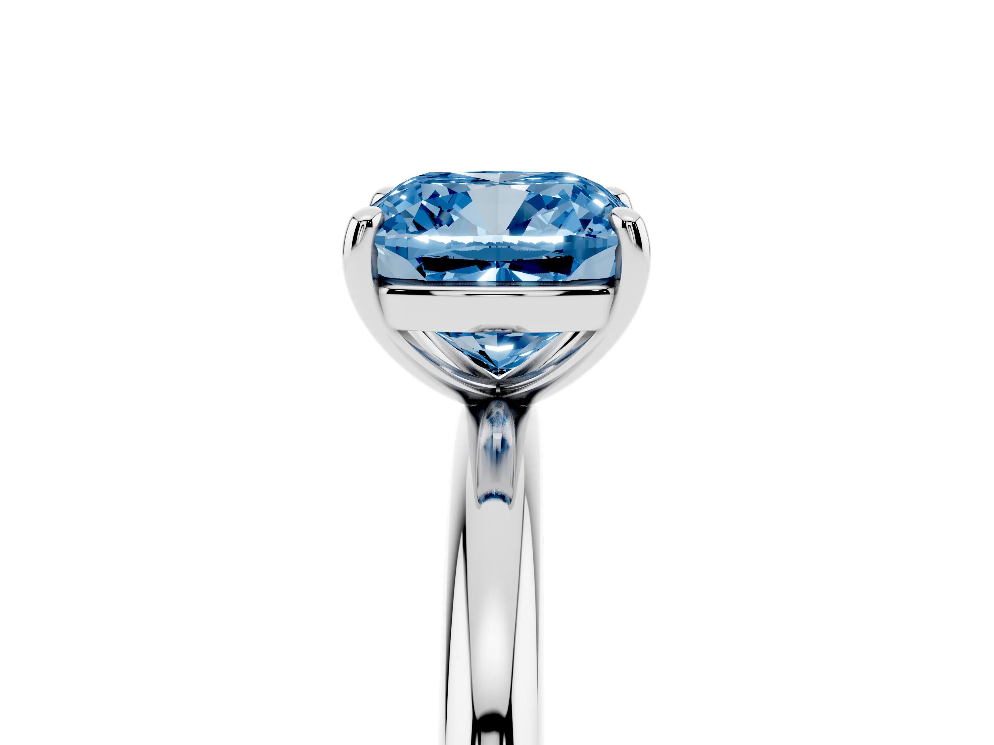 Fancy Blue Cushion Cut Diamond Solitaire Ring Set in Silver with Prong Setting on a Polished Plain Band