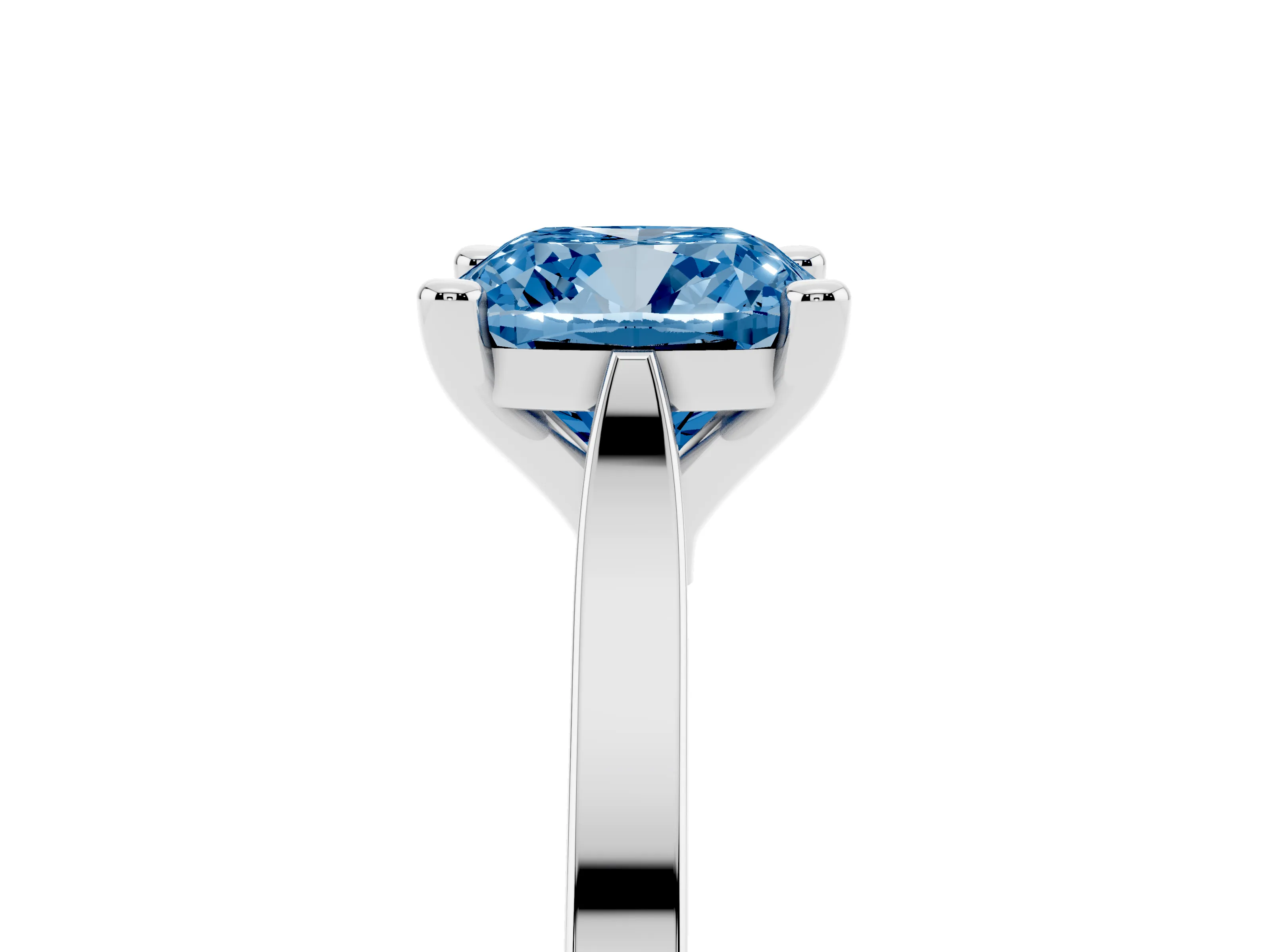 Fancy Blue Cushion Cut Diamond Solitaire Ring Set in White gold with Prong Setting and Tapered Band