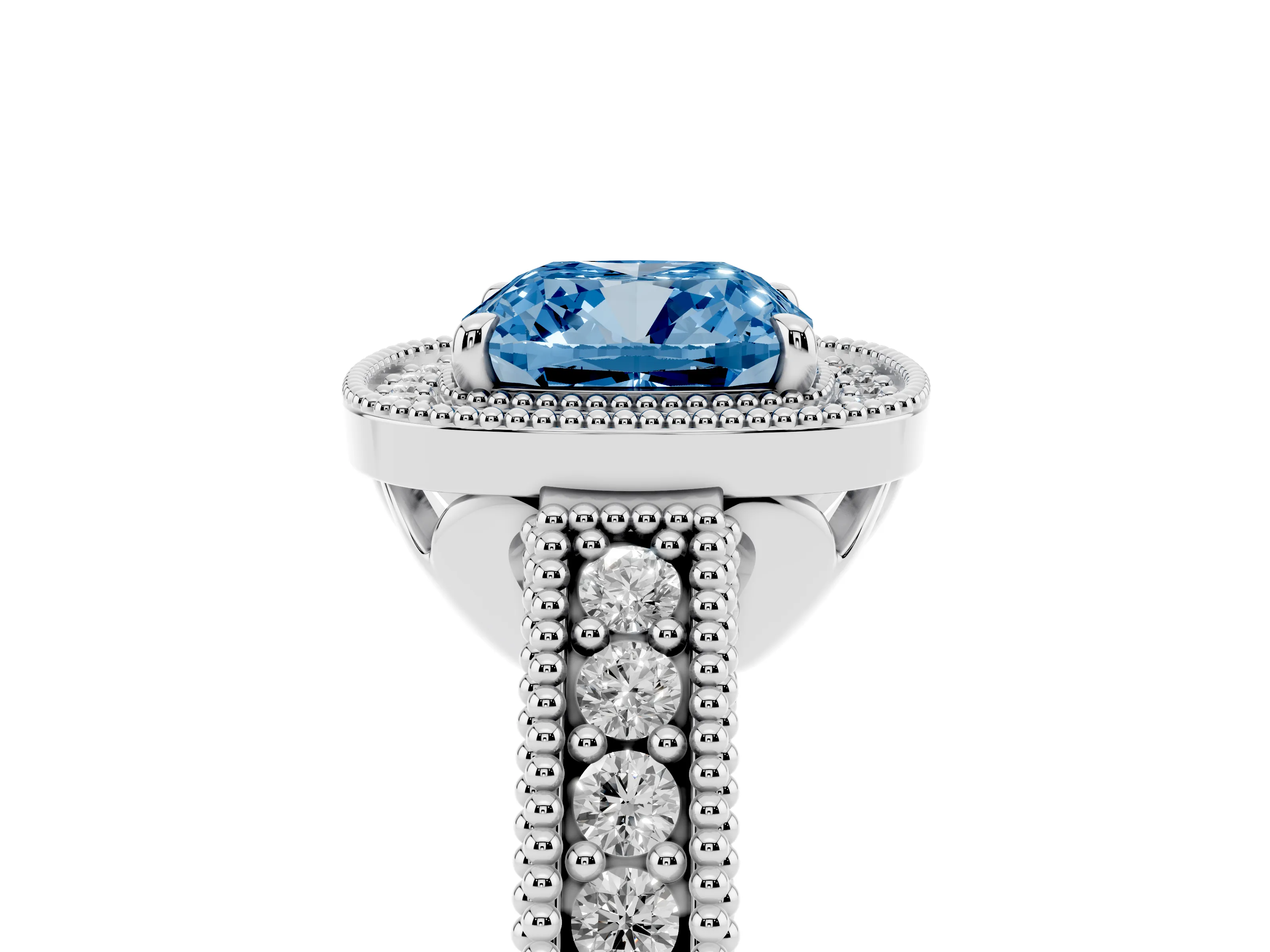 Fancy Blue Cushion Cut Diamond Halo Ring Set in Platinum with Round Accent Halo, Pavé Band and Prong Setting