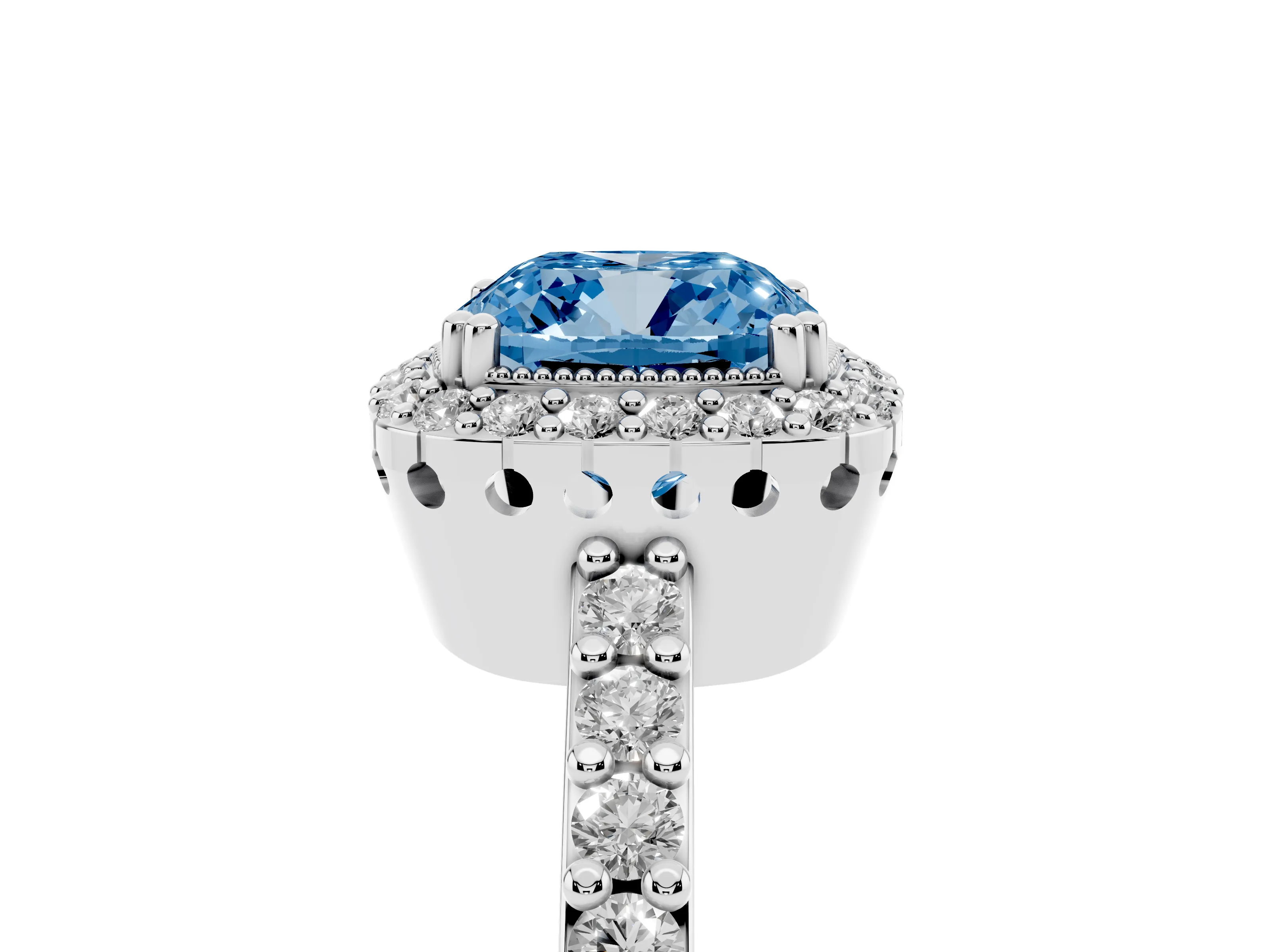 Fancy Blue Cushion Cut Diamond Halo Engagement Ring Set in Platinum with Milgrain Detail and Pavé Band