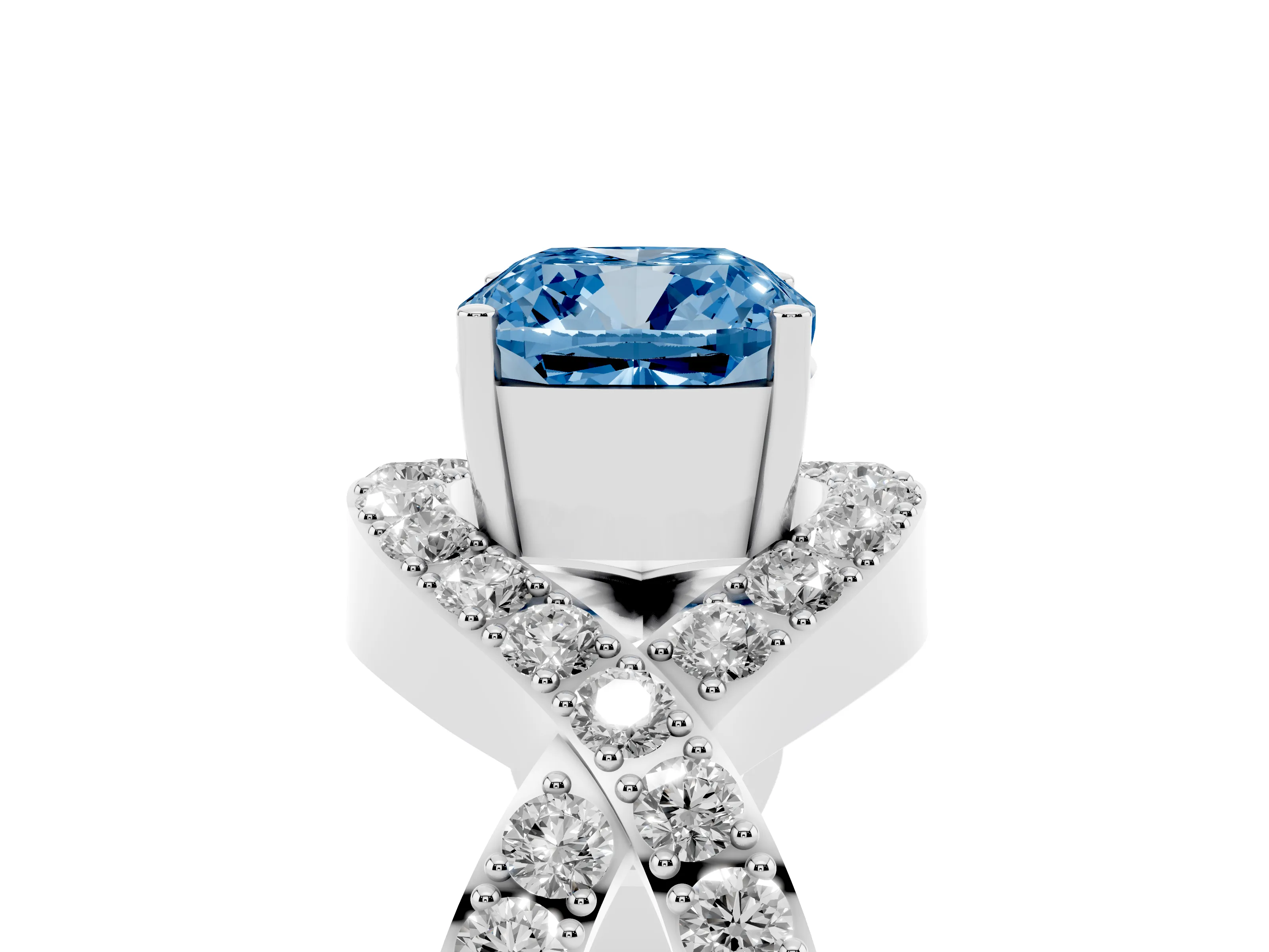 Fancy Blue Cushion Cut Diamond Solitaire Twist Band Pavé Engagement Ring Set in White gold