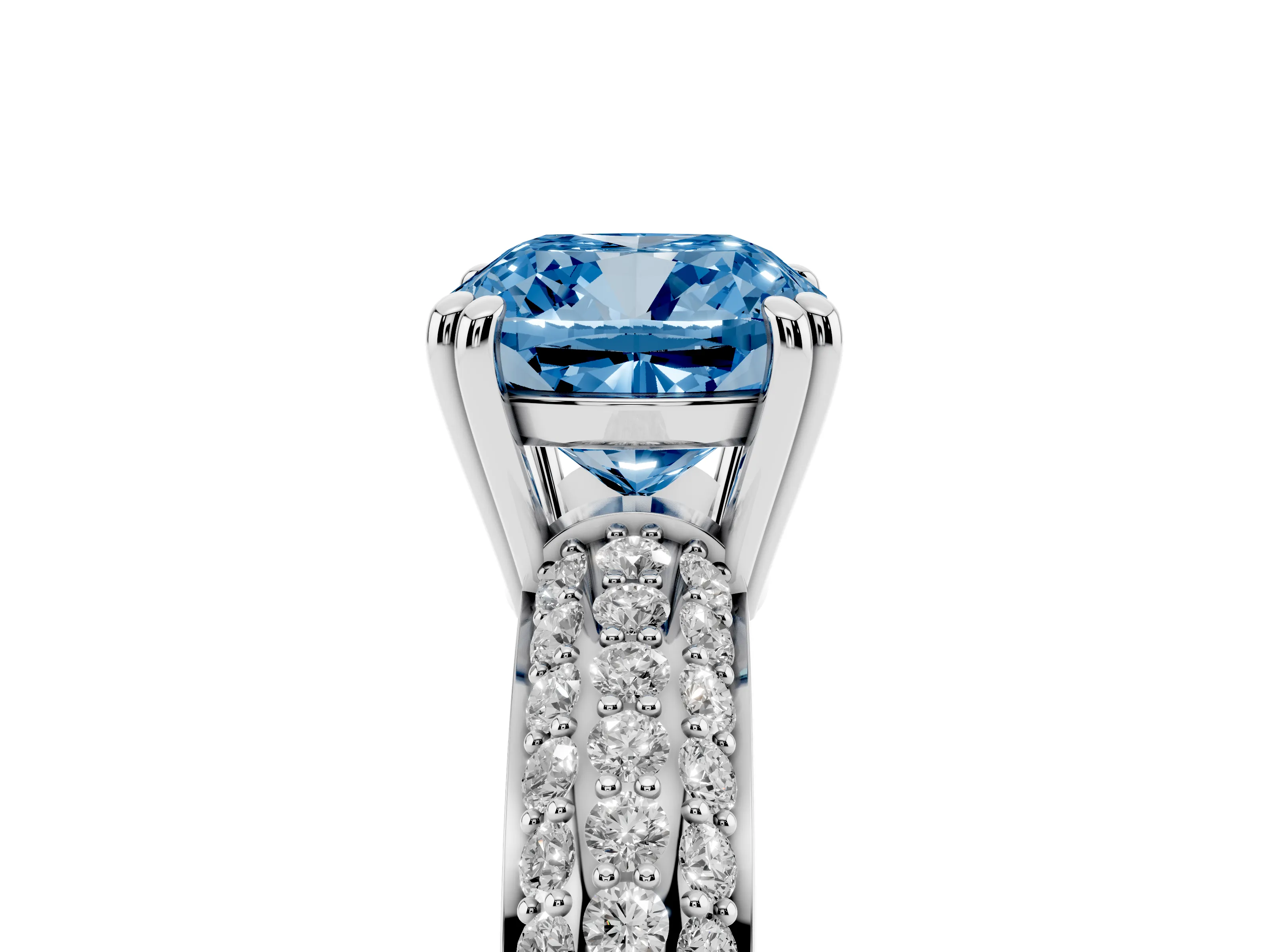 Fancy Blue Cushion Cut Diamond Solitaire Ring Set in Silver with Multi-Row Round Pavé Band and Prong Setting