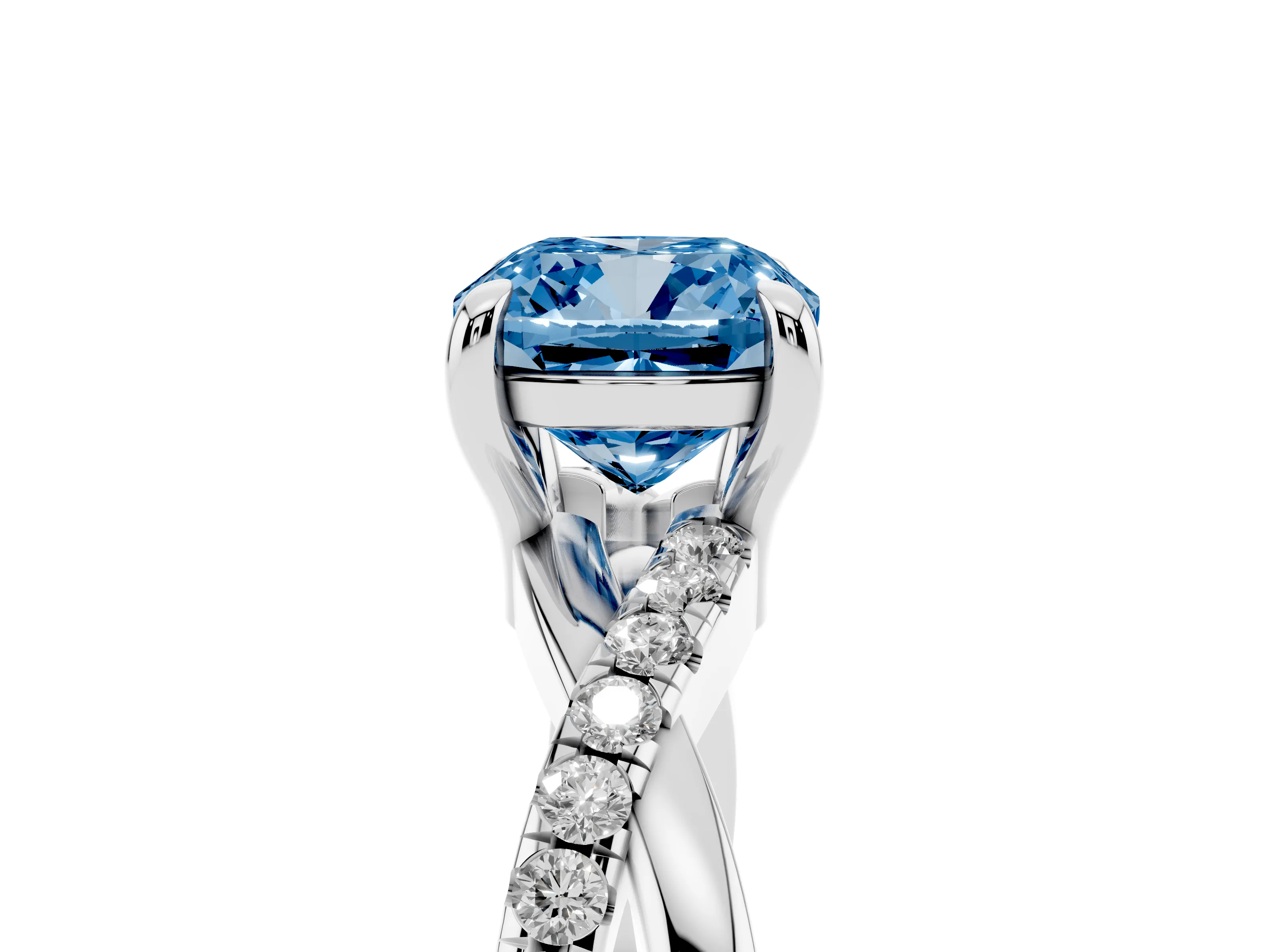 Fancy Blue Cushion Cut Diamond Twist Band Pavé Solitaire Ring Set in Silver with Prong Setting