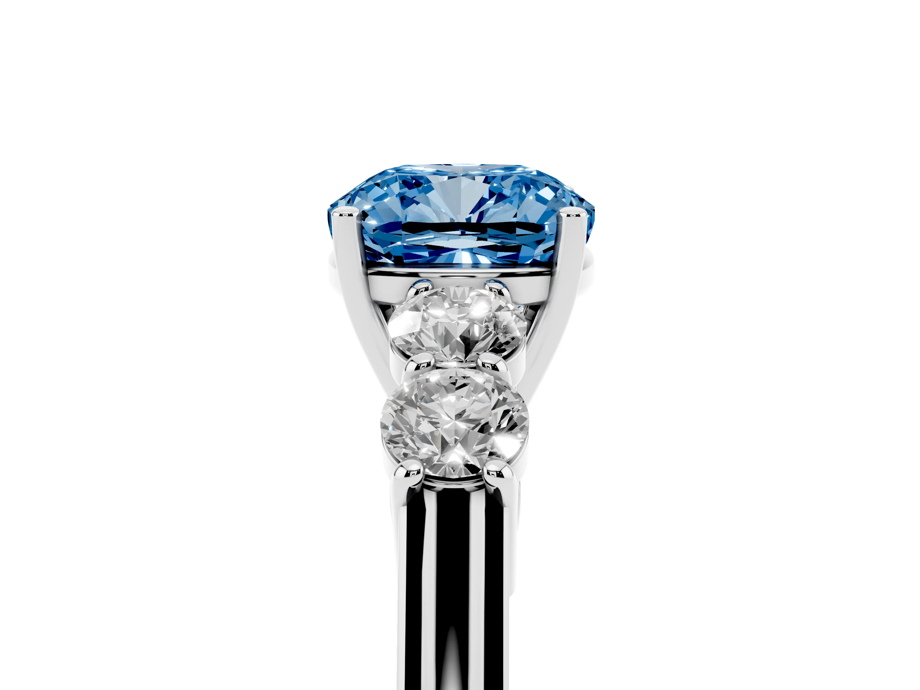 Fancy Blue Cushion Cut Diamond Five-Stone Prong Set Band Ring Set in White gold with Polished Band
