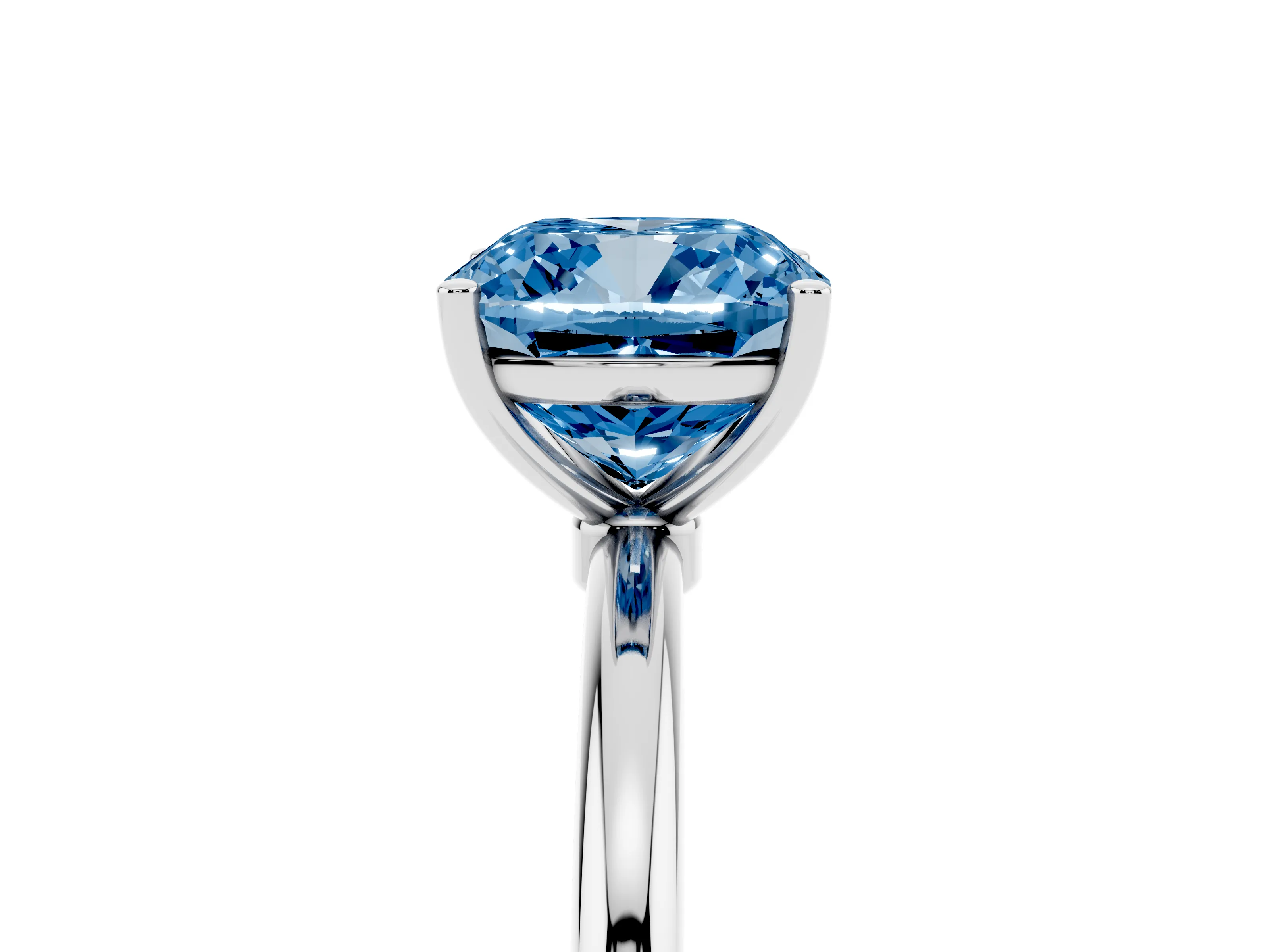 Fancy Blue Cushion Cut Diamond Solitaire Engagement Ring Set in Platinum with Thin Band and Prong Setting