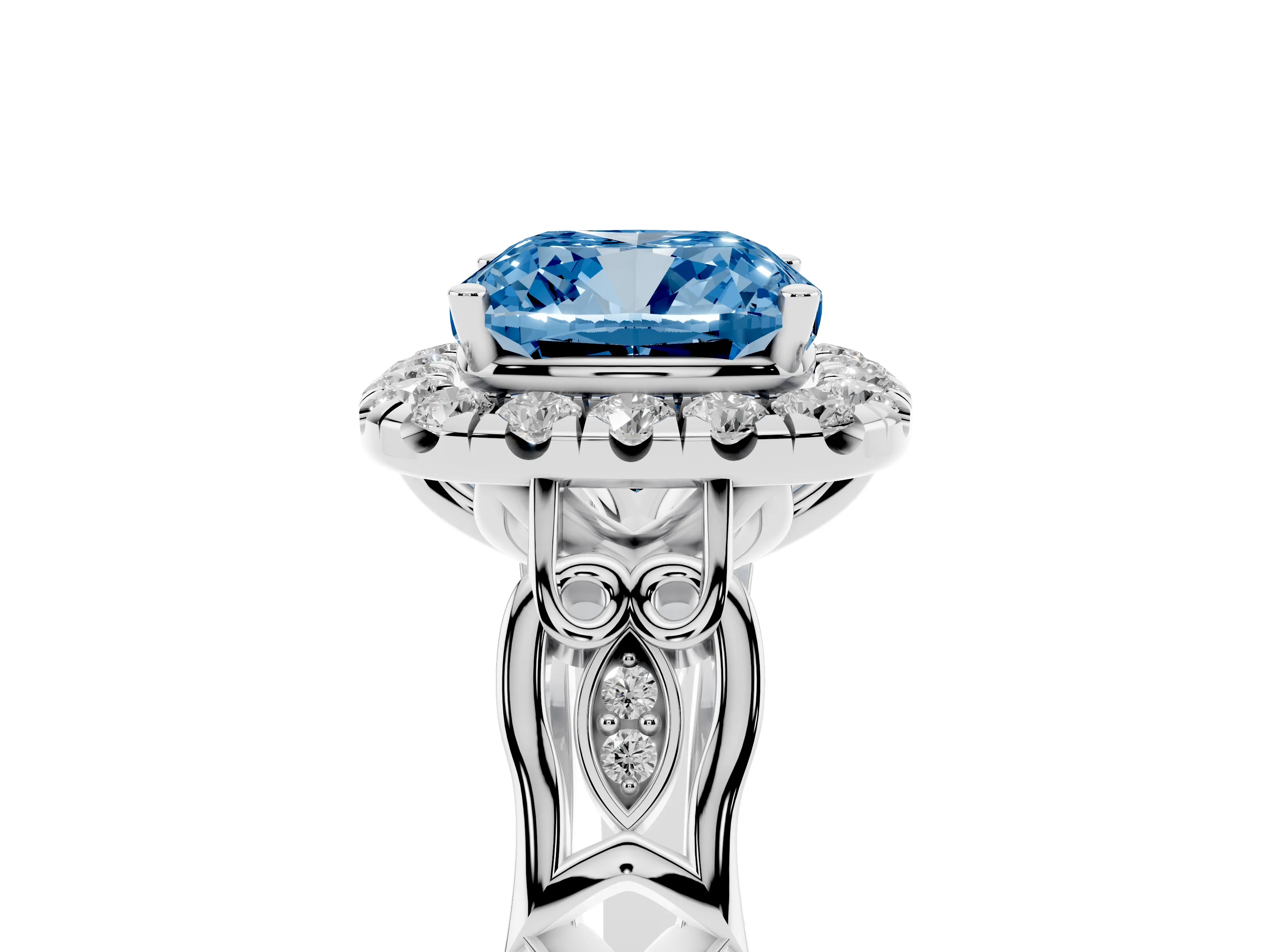 Fancy Blue Cushion Cut Diamond Halo Engagement Ring Set in Platinum with Filigree Band and Prong-Set Center