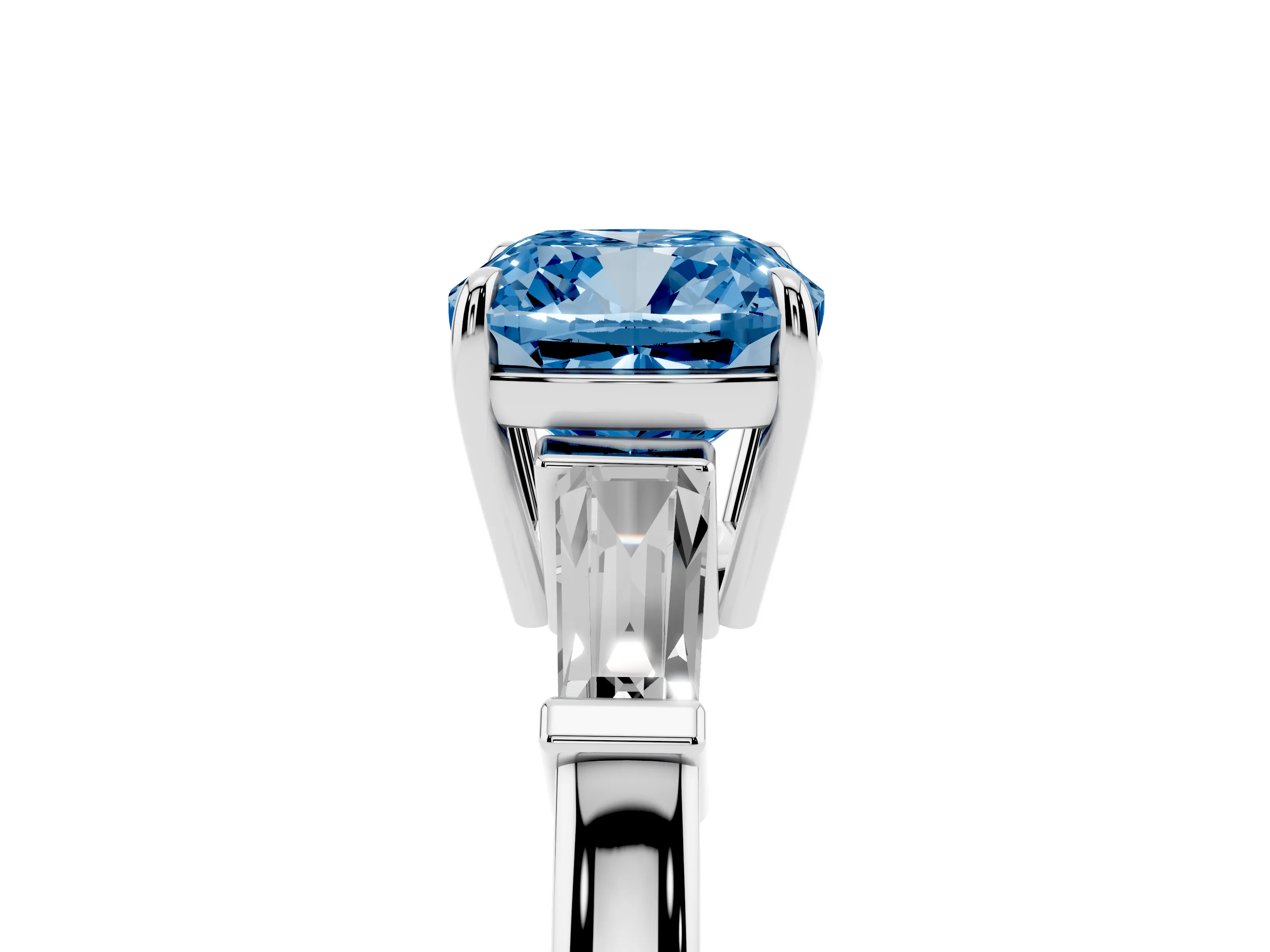 Fancy Blue Cushion Cut Diamond Three-Stone Ring Set in Platinum with Tapered Baguette Side Stones and Prong Setting
