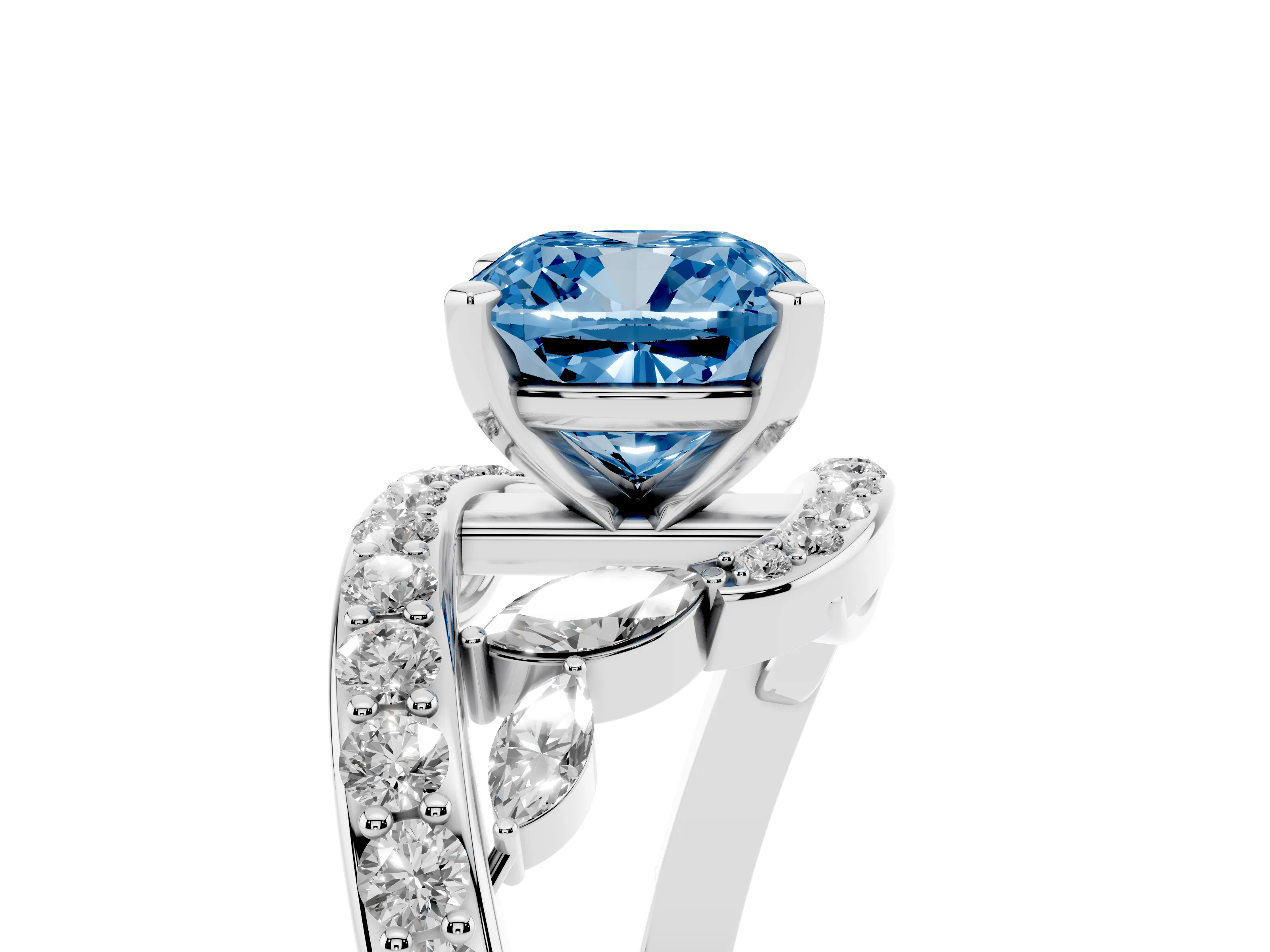 Fancy Blue Cushion Cut Diamond Solitaire Ring Set in Silver with Filigree Band and Prong Setting
