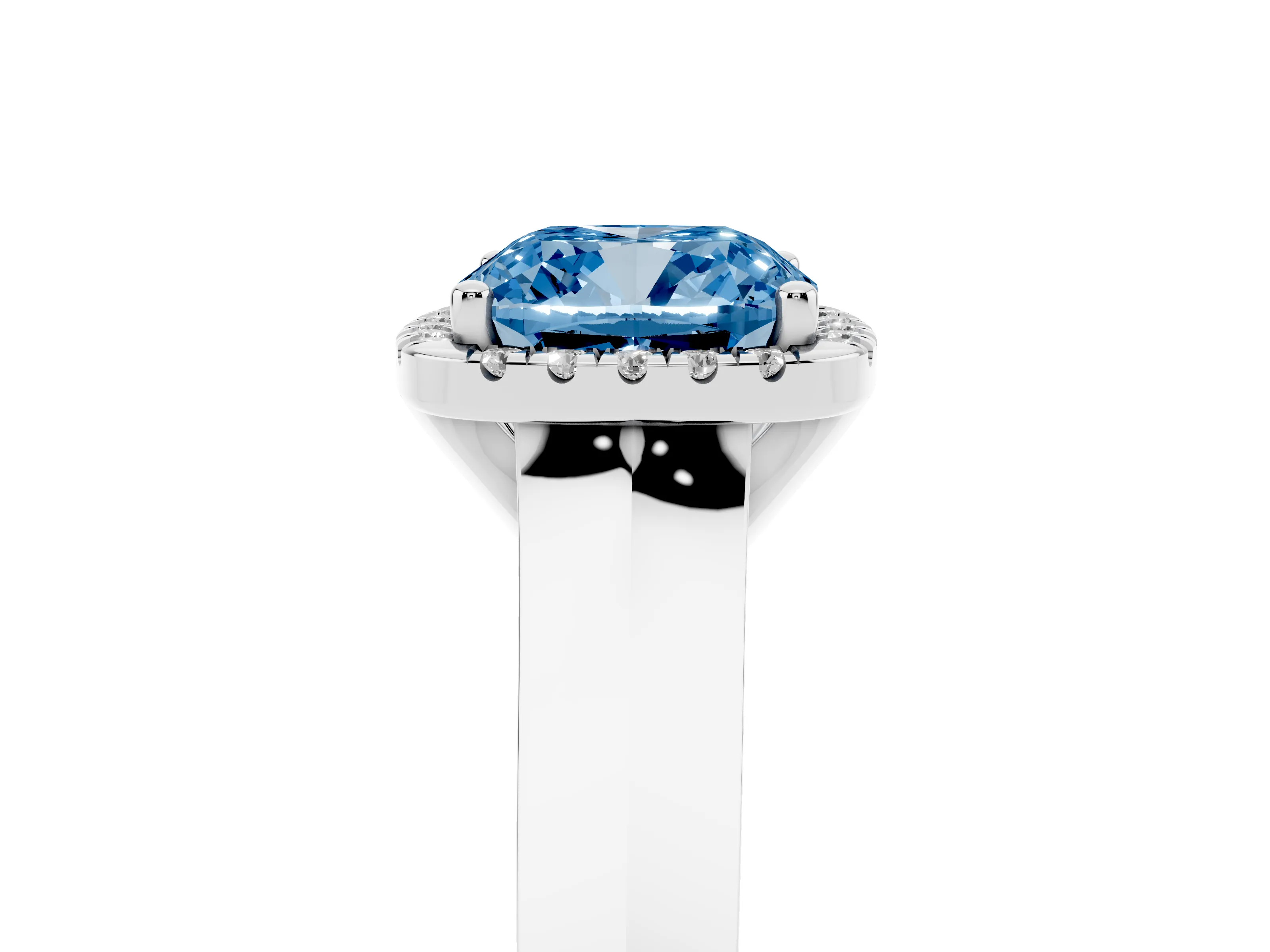 Fancy Blue Cushion Cut Diamond Halo Ring Set in Platinum with Cathedral Band and Prong Setting