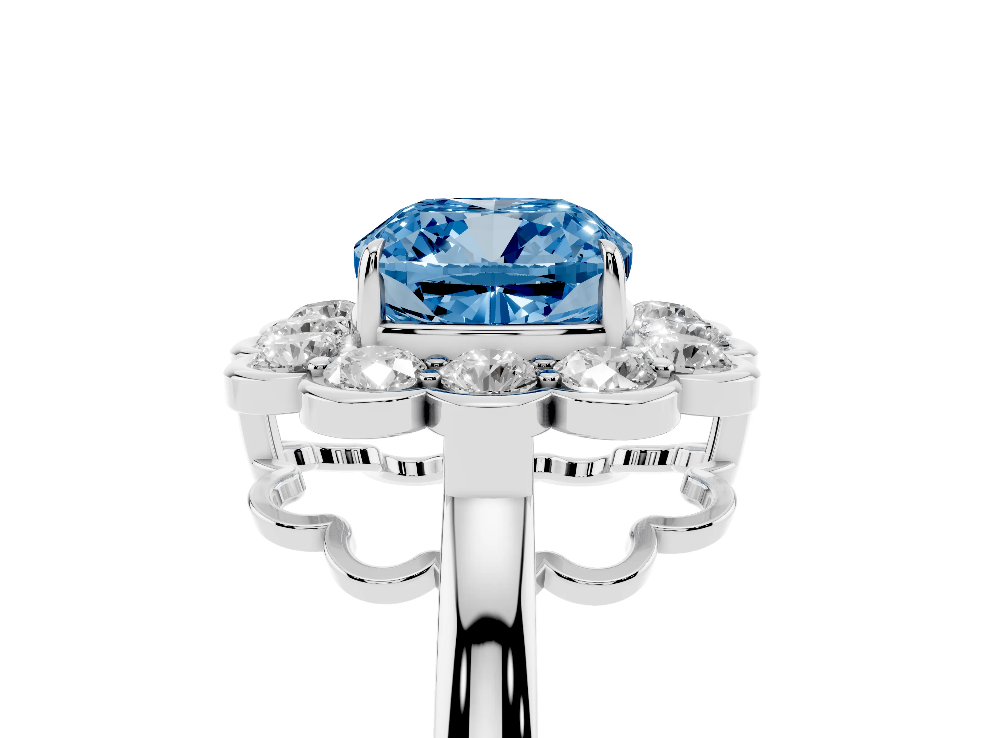 Fancy Blue Cushion Cut Diamond Halo Cluster Engagement Ring Set in Platinum with Solitaire Band and Prong Setting